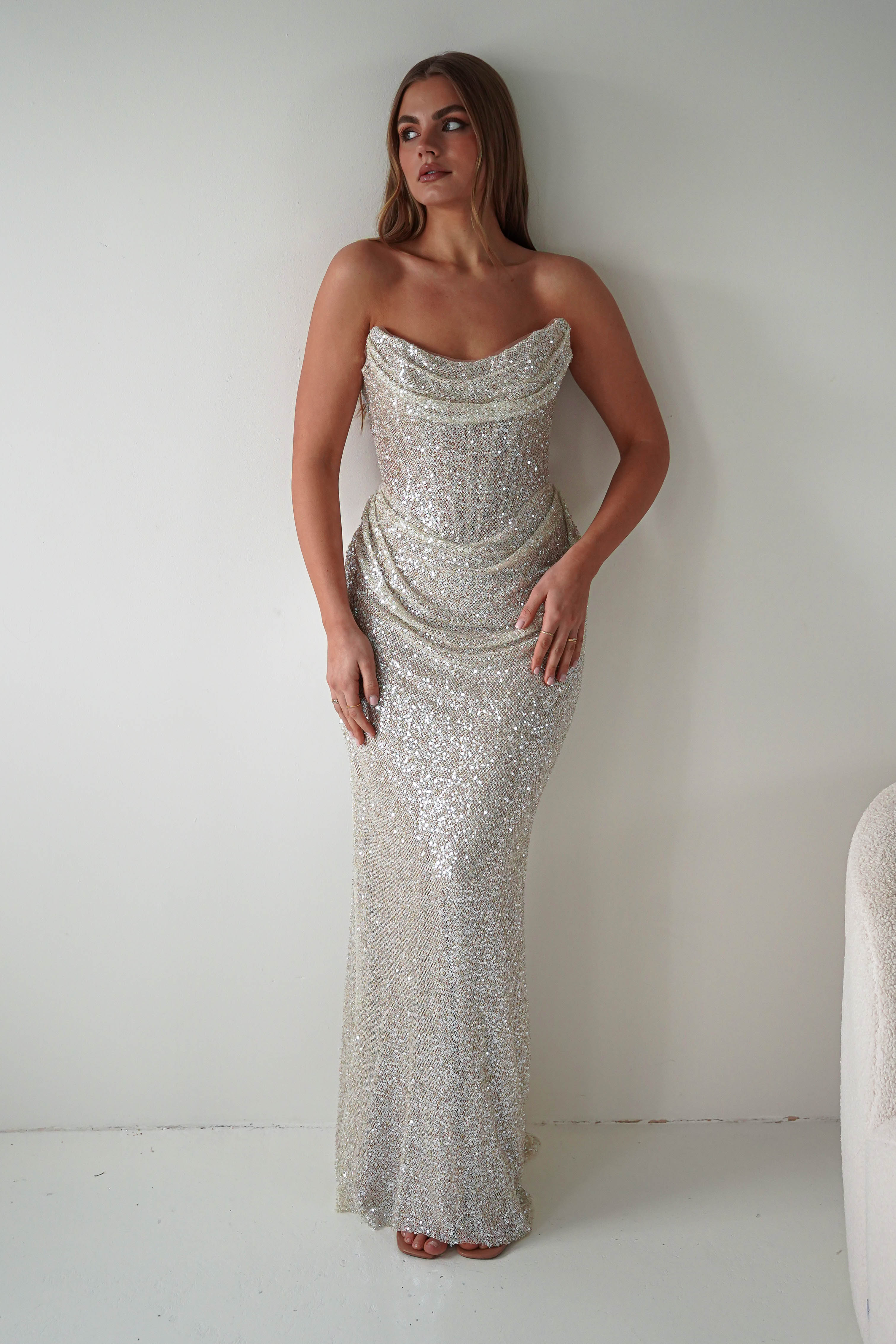 Oh Hello Clothing Dresses > Prom Dresses Sylvie Strapless Draped Embellished Gown | Platinum