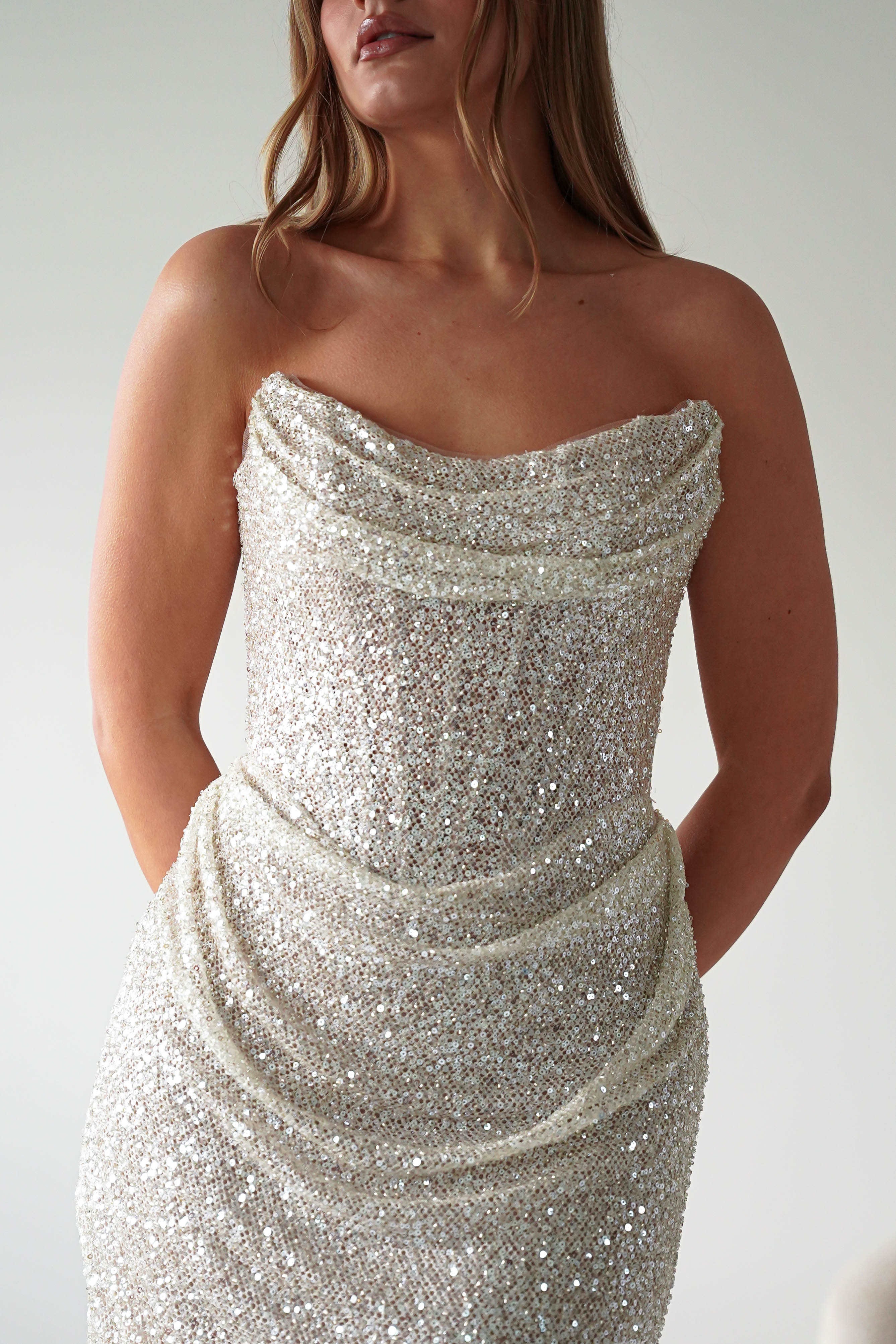 Oh Hello Clothing Dresses > Prom Dresses Sylvie Strapless Draped Embellished Gown | Platinum