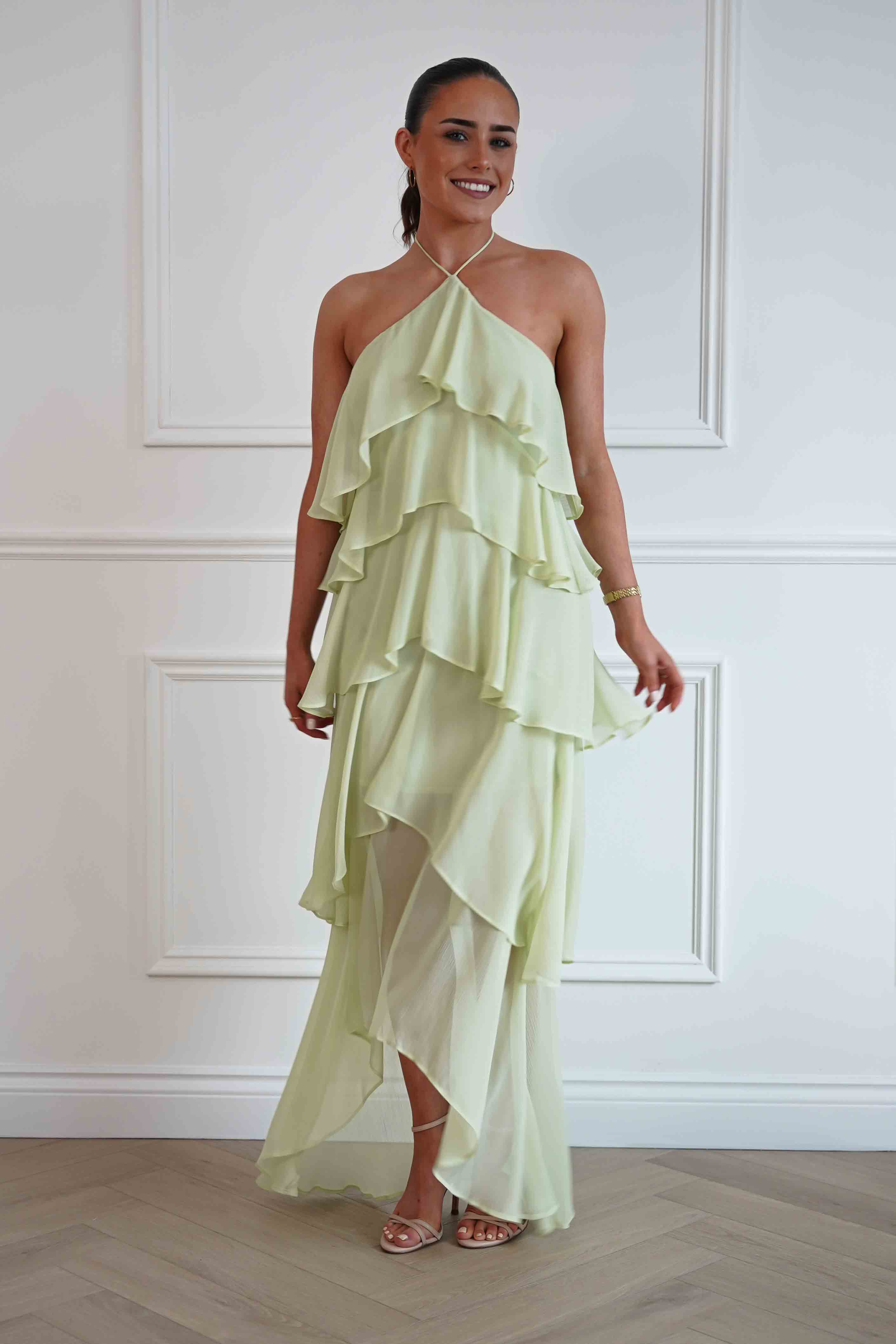 Oh Hello Clothing Women > Clothing > Dresses Tala Ruffle Tiered Halterneck Maxi Dress | Sage