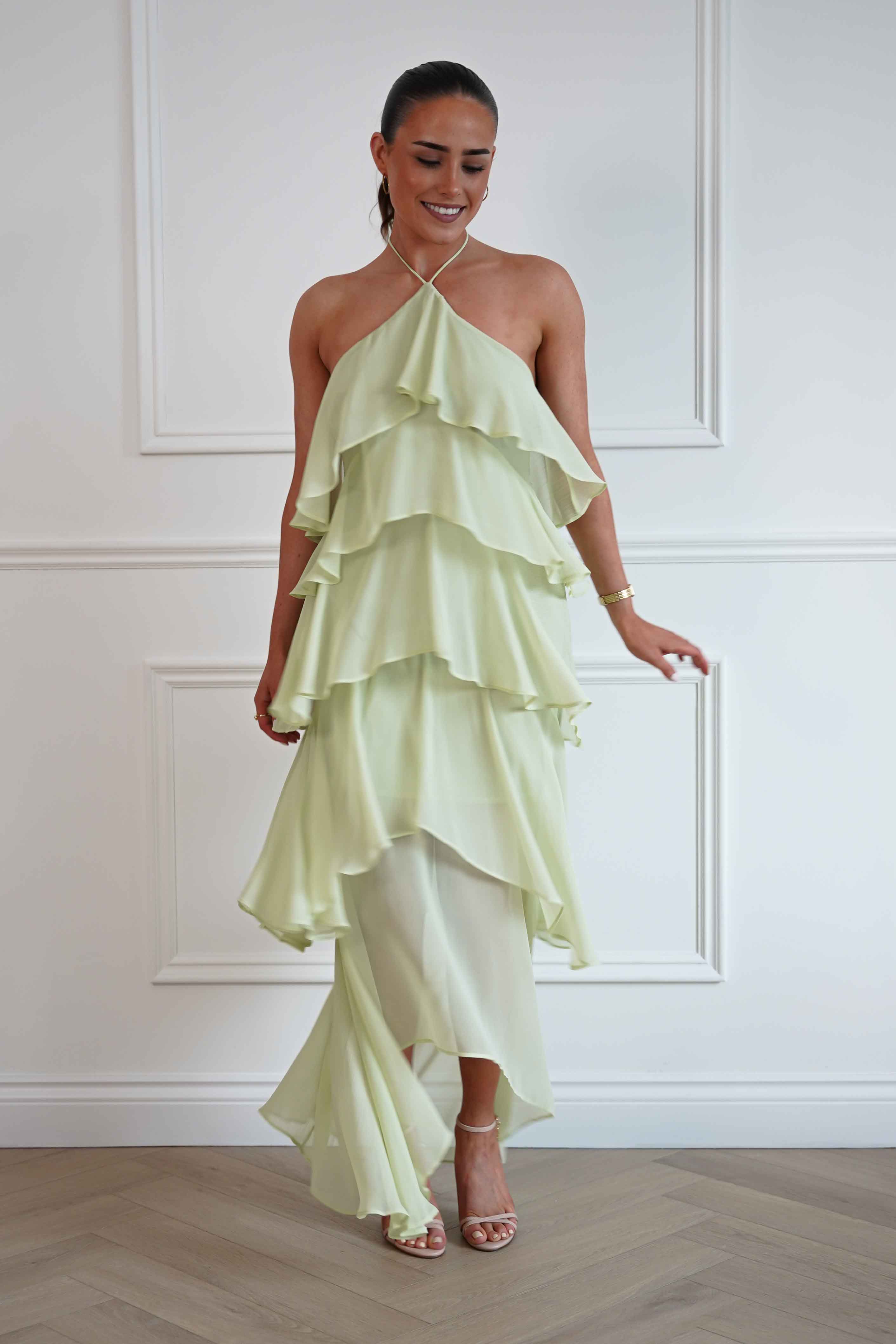 Oh Hello Clothing Women > Clothing > Dresses Tala Ruffle Tiered Halterneck Maxi Dress | Sage