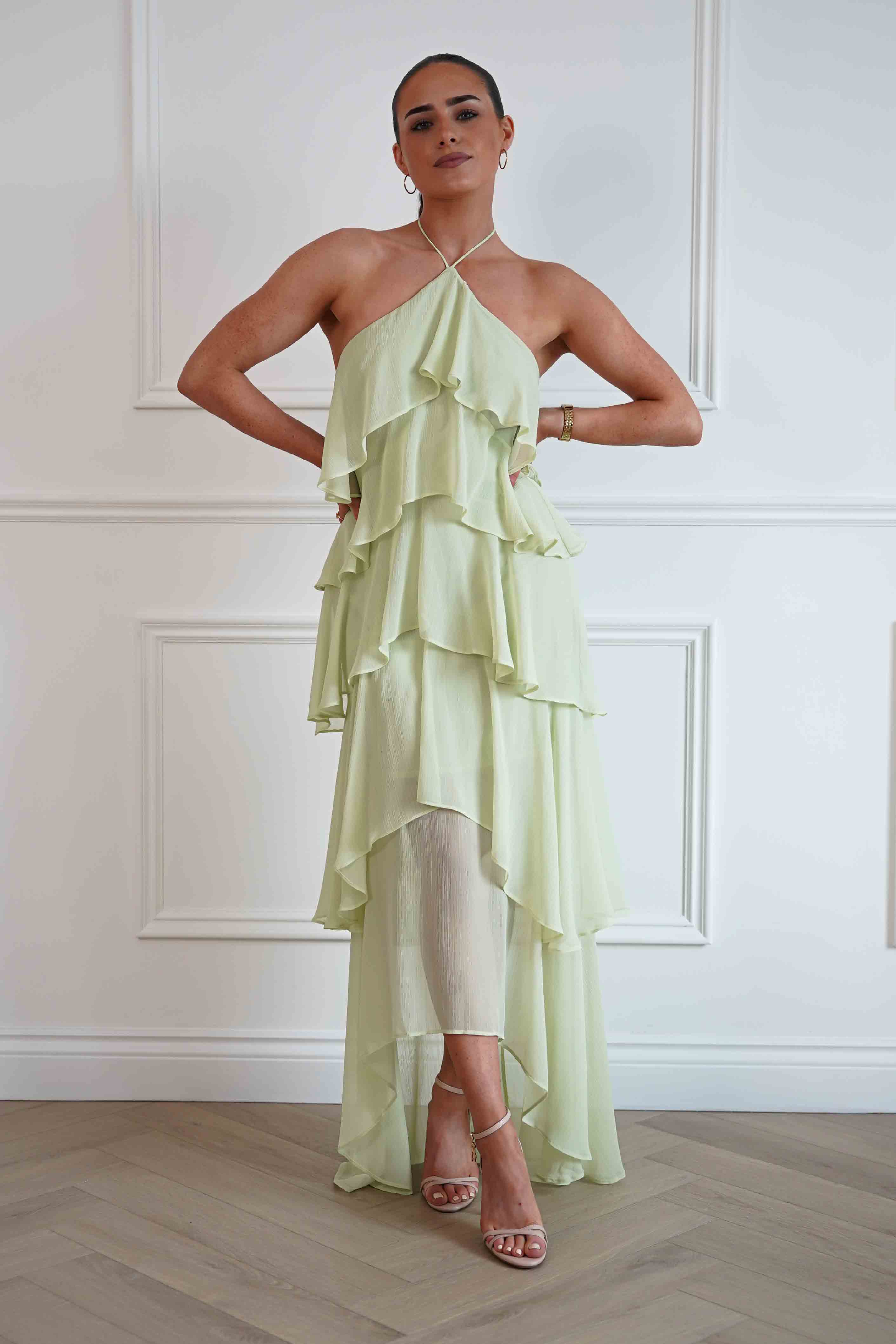 Oh Hello Clothing Women > Clothing > Dresses Tala Ruffle Tiered Halterneck Maxi Dress | Sage