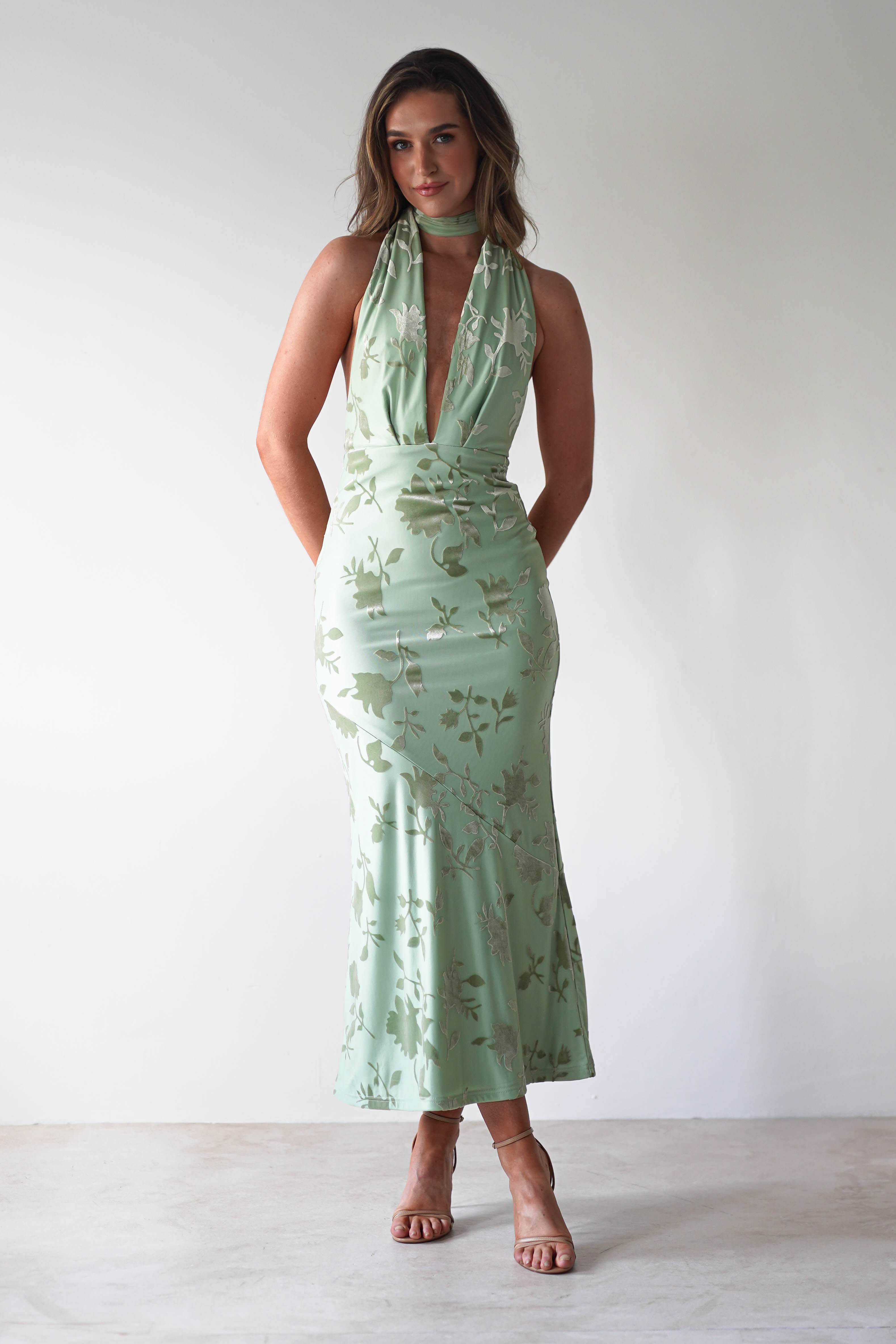 Tara Floral Jacquard Maxi Dress Light Green | Wedding Guest Dress | Maxi | Oh Hello Clothing