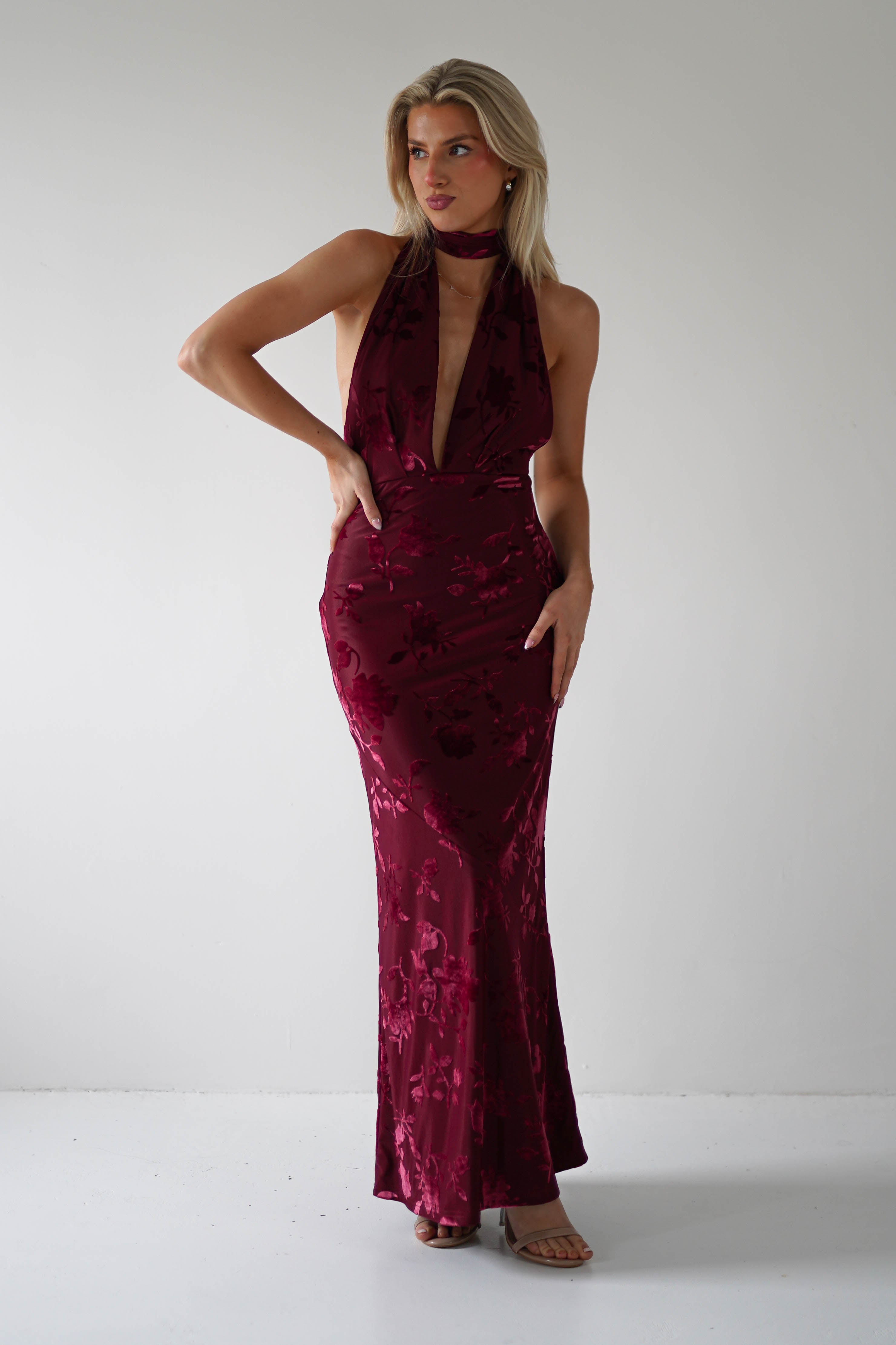 Tara Floral Jacquard Maxi Dress Wine | Wedding Guest Dress | Maxi | Oh Hello Clothing