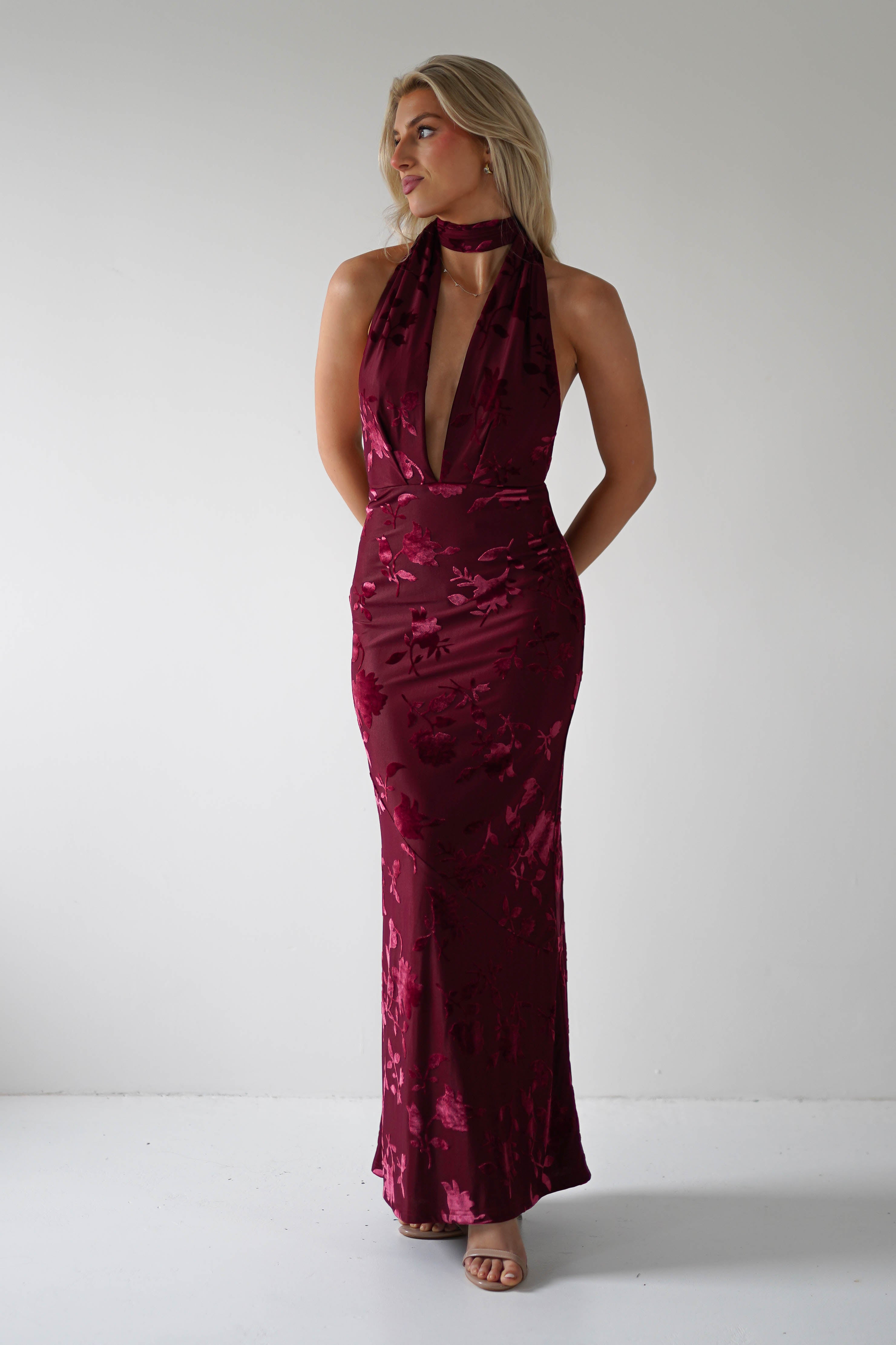 Tara Floral Jacquard Maxi Dress Wine | Wedding Guest Dress | Maxi | Oh Hello Clothing
