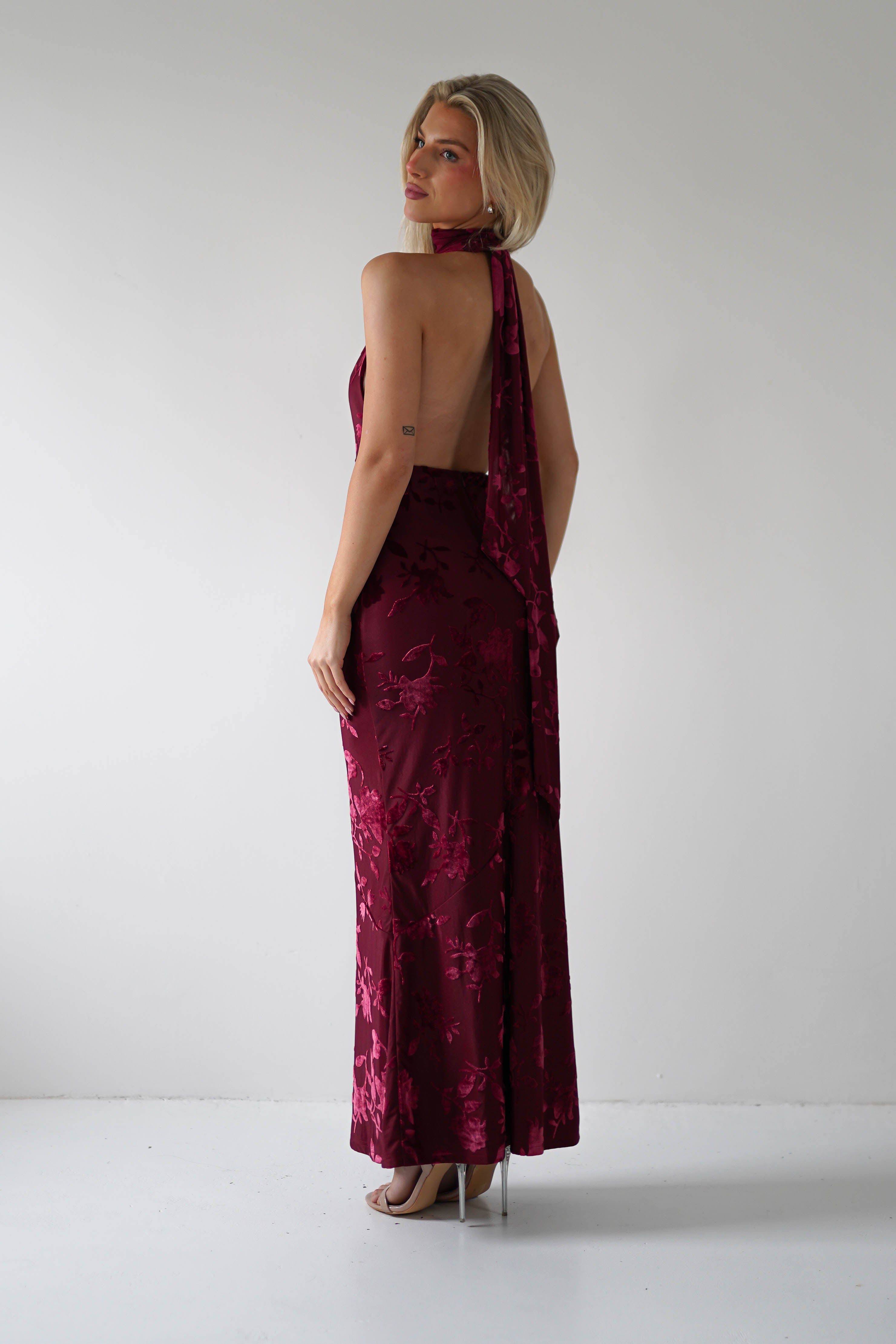 Tara Floral Jacquard Maxi Dress Wine | Wedding Guest Dress | Maxi | Oh Hello Clothing