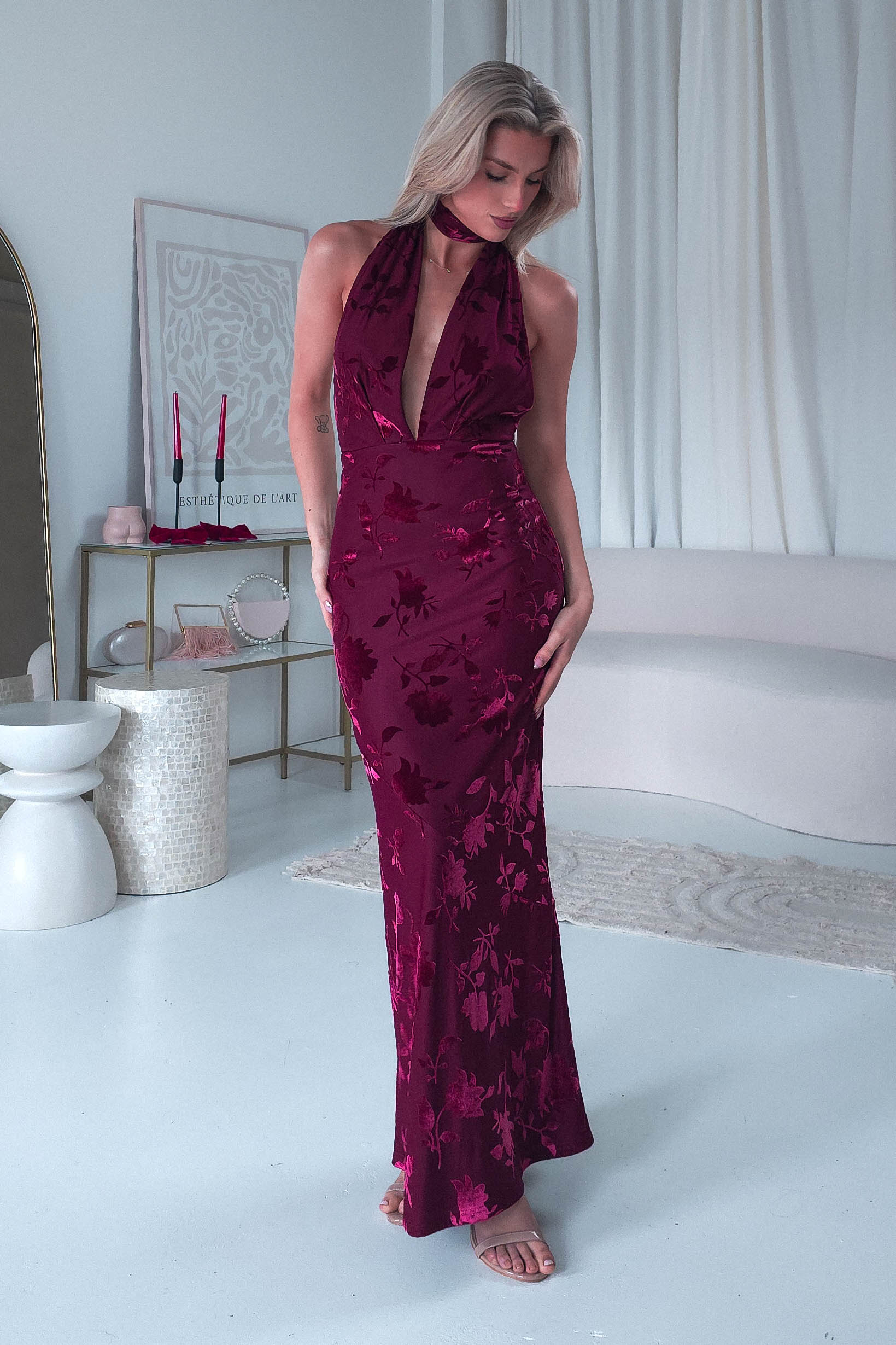 Tara Floral Jacquard Maxi Dress Wine | Wedding Guest Dress | Maxi | Oh Hello Clothing