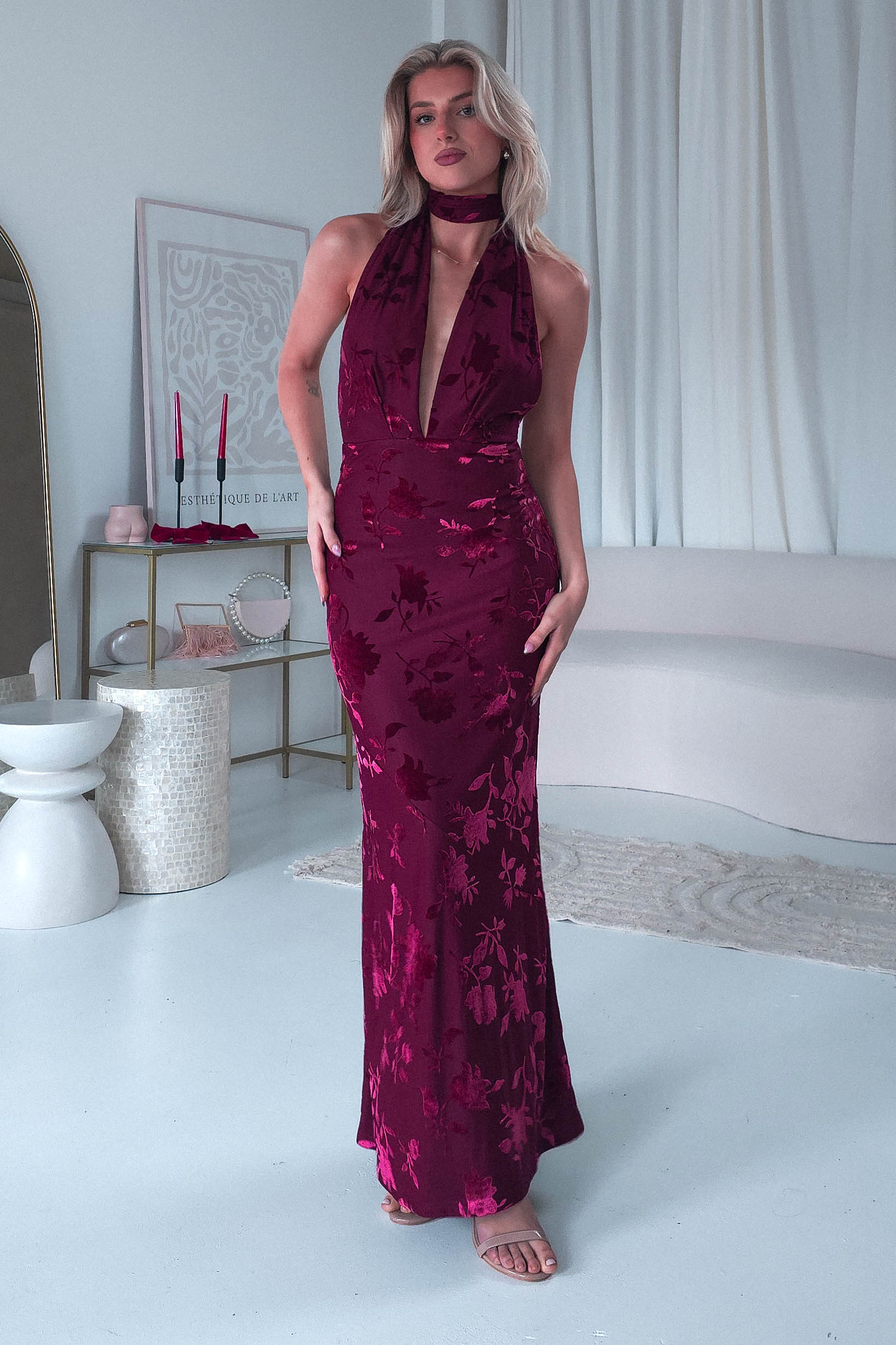 Tara Floral Jacquard Maxi Dress Wine | Wedding Guest Dress | Maxi | Oh Hello Clothing