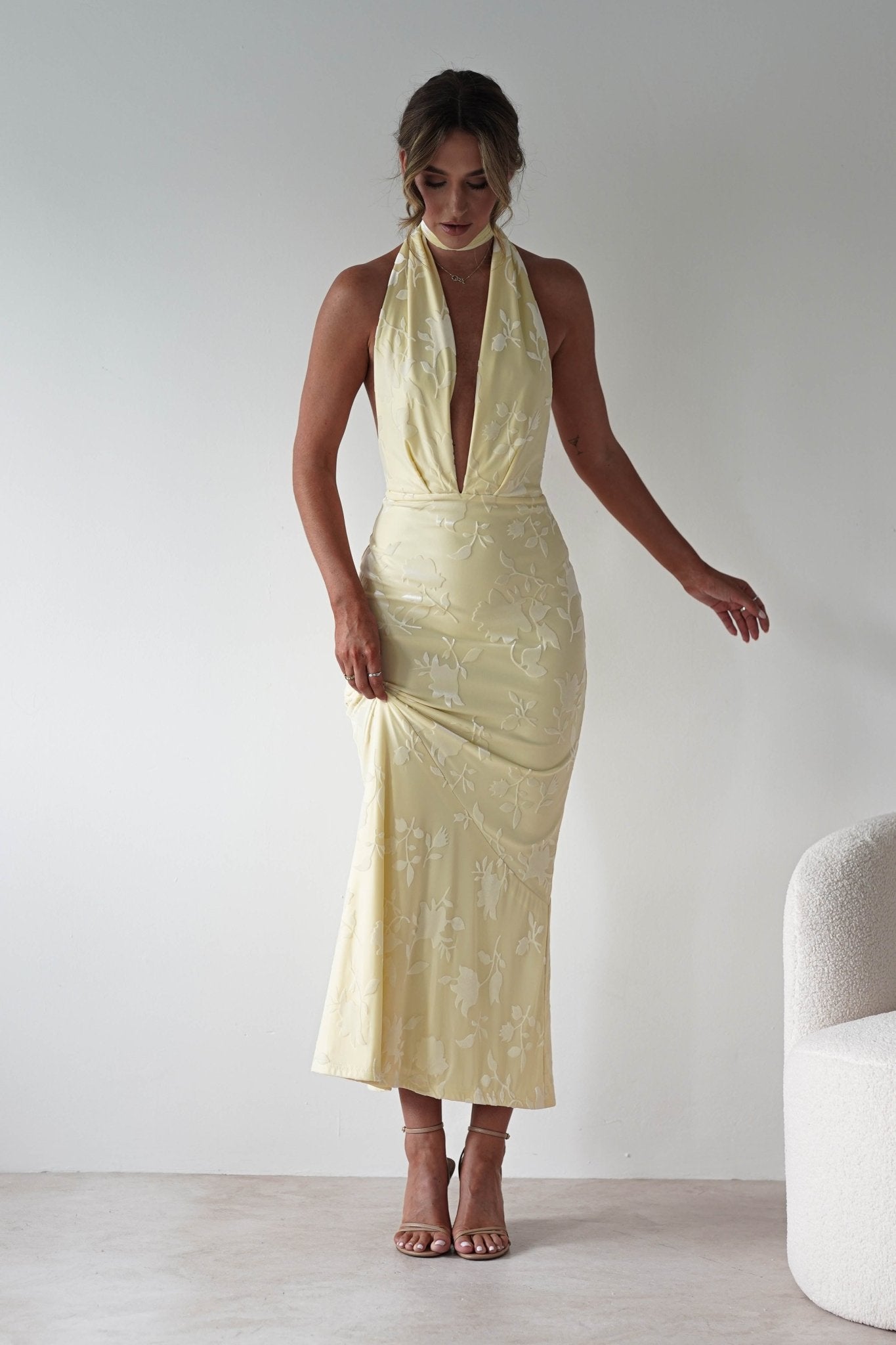 Tara Floral Jacquard Maxi Dress Yellow | Wedding Guest Dress | Maxi | Oh Hello Clothing