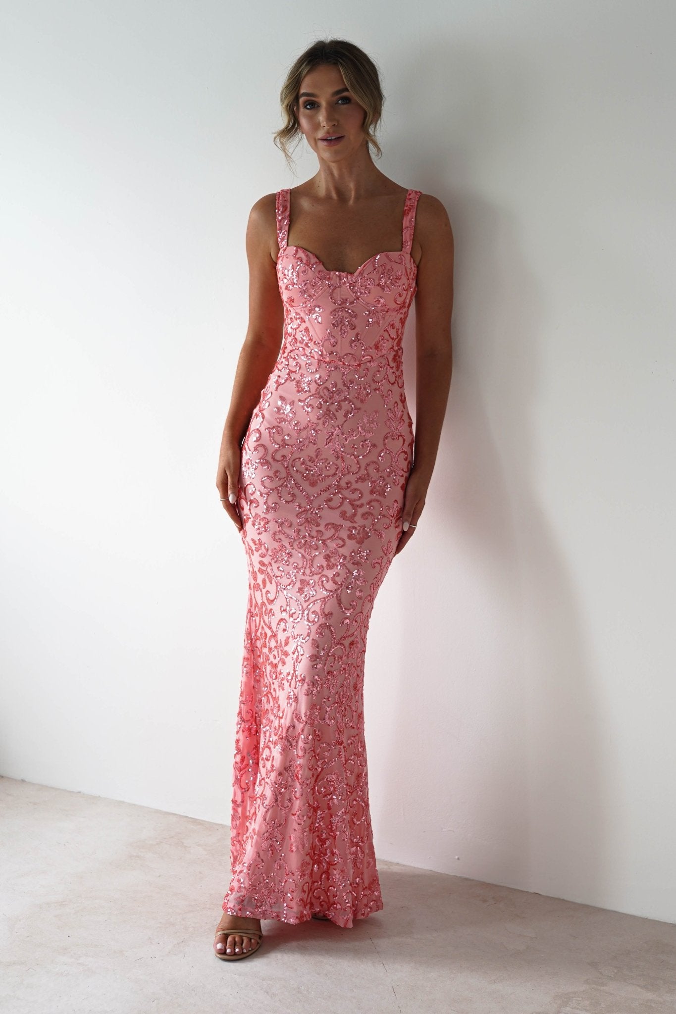 Taylor Embroidered Sequin Gown | Coral | Debs & Prom | Formal Gown | Oh Hello Clothing