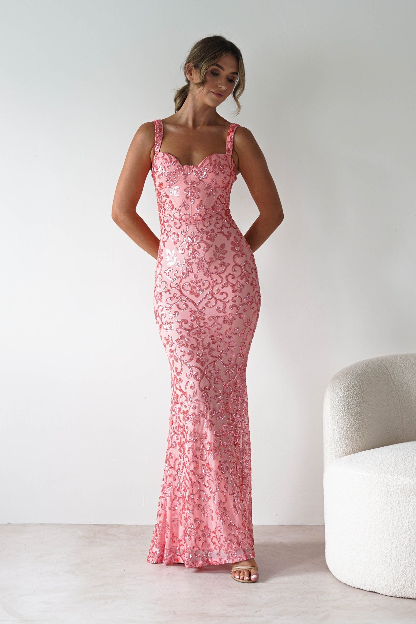 Taylor Embroidered Sequin Gown | Coral | Debs & Prom | Formal Gown | Oh Hello Clothing