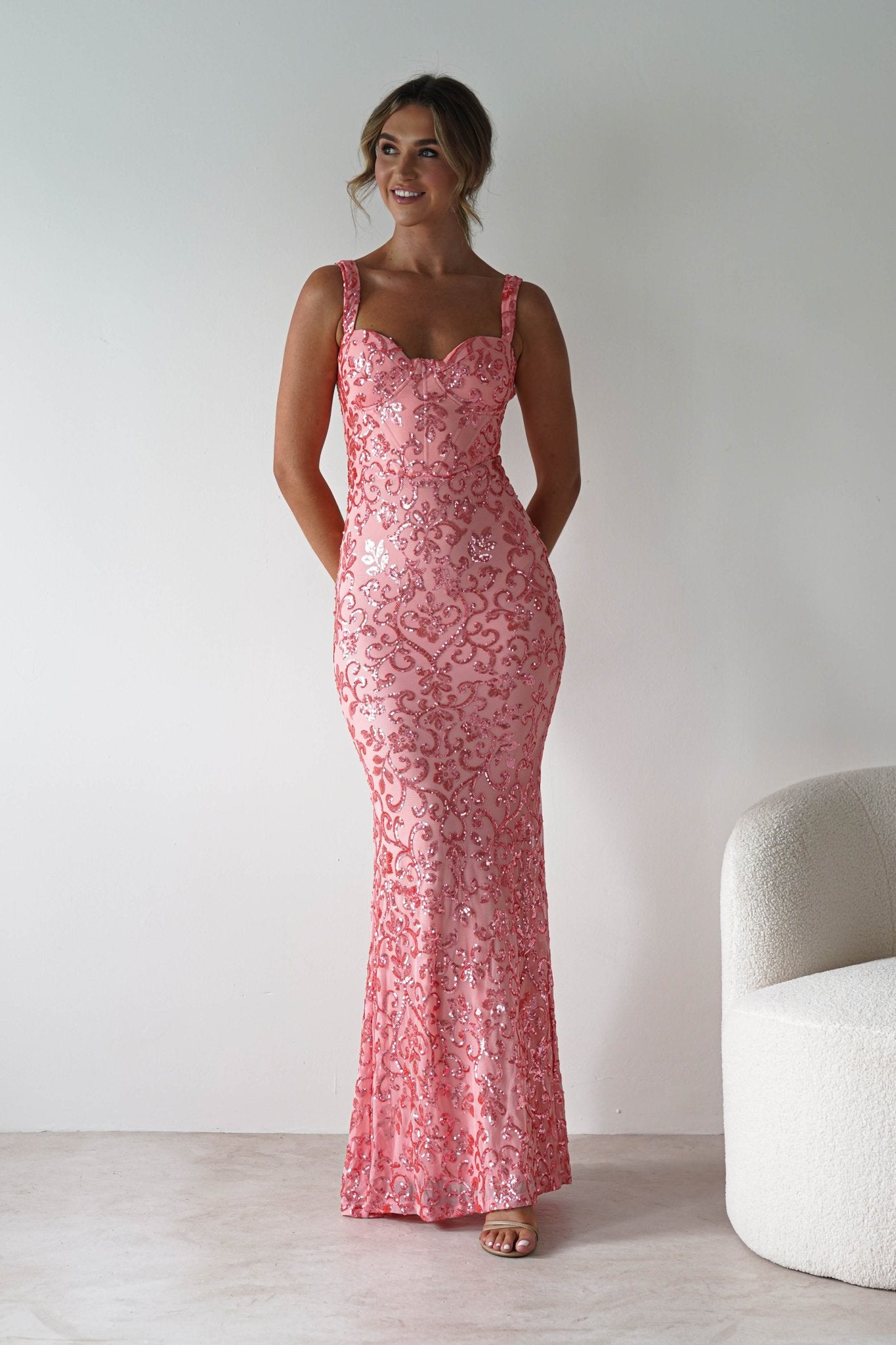 Taylor Embroidered Sequin Gown | Coral | Debs & Prom | Formal Gown | Oh Hello Clothing