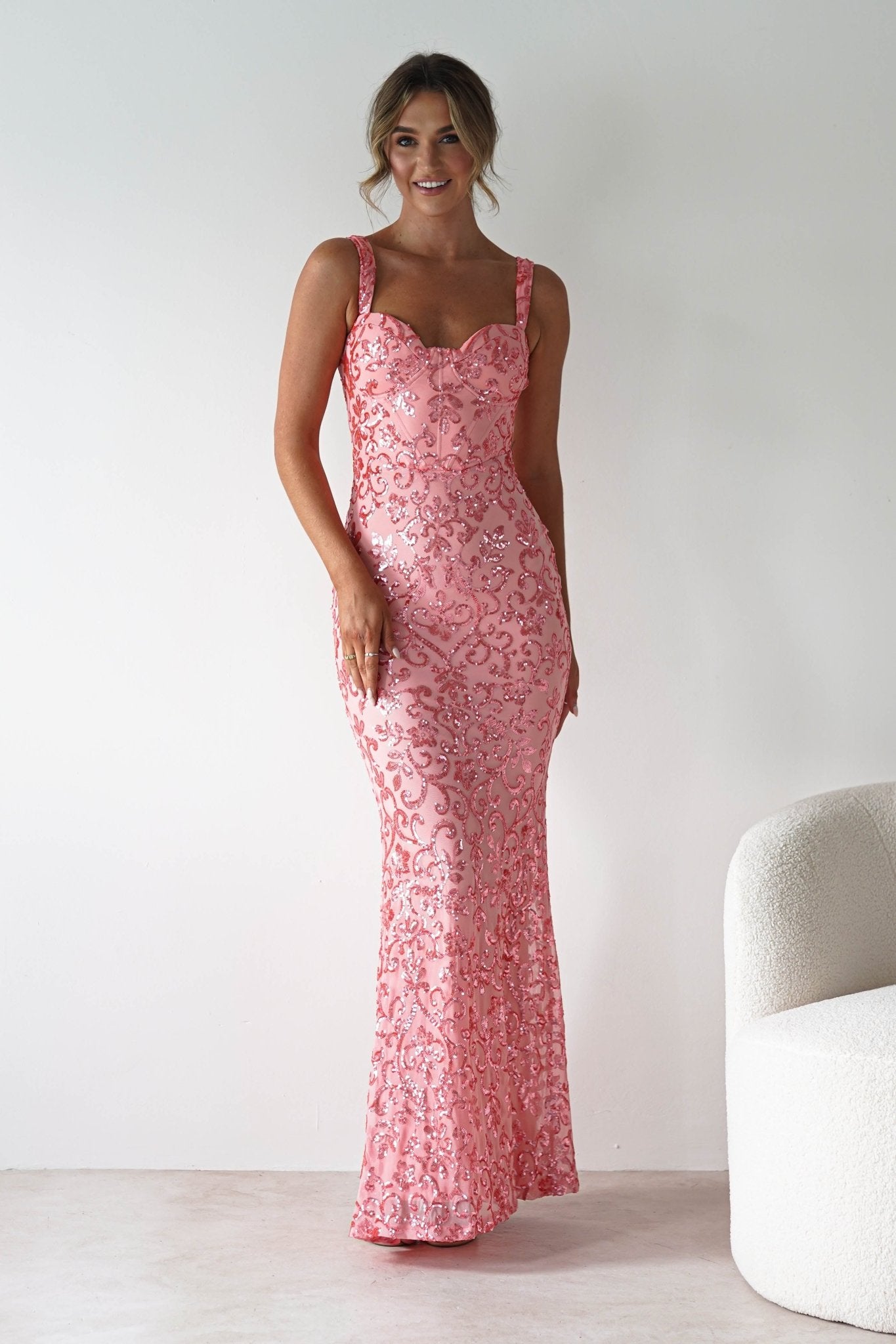 Taylor Embroidered Sequin Gown | Coral | Debs & Prom | Formal Gown | Oh Hello Clothing