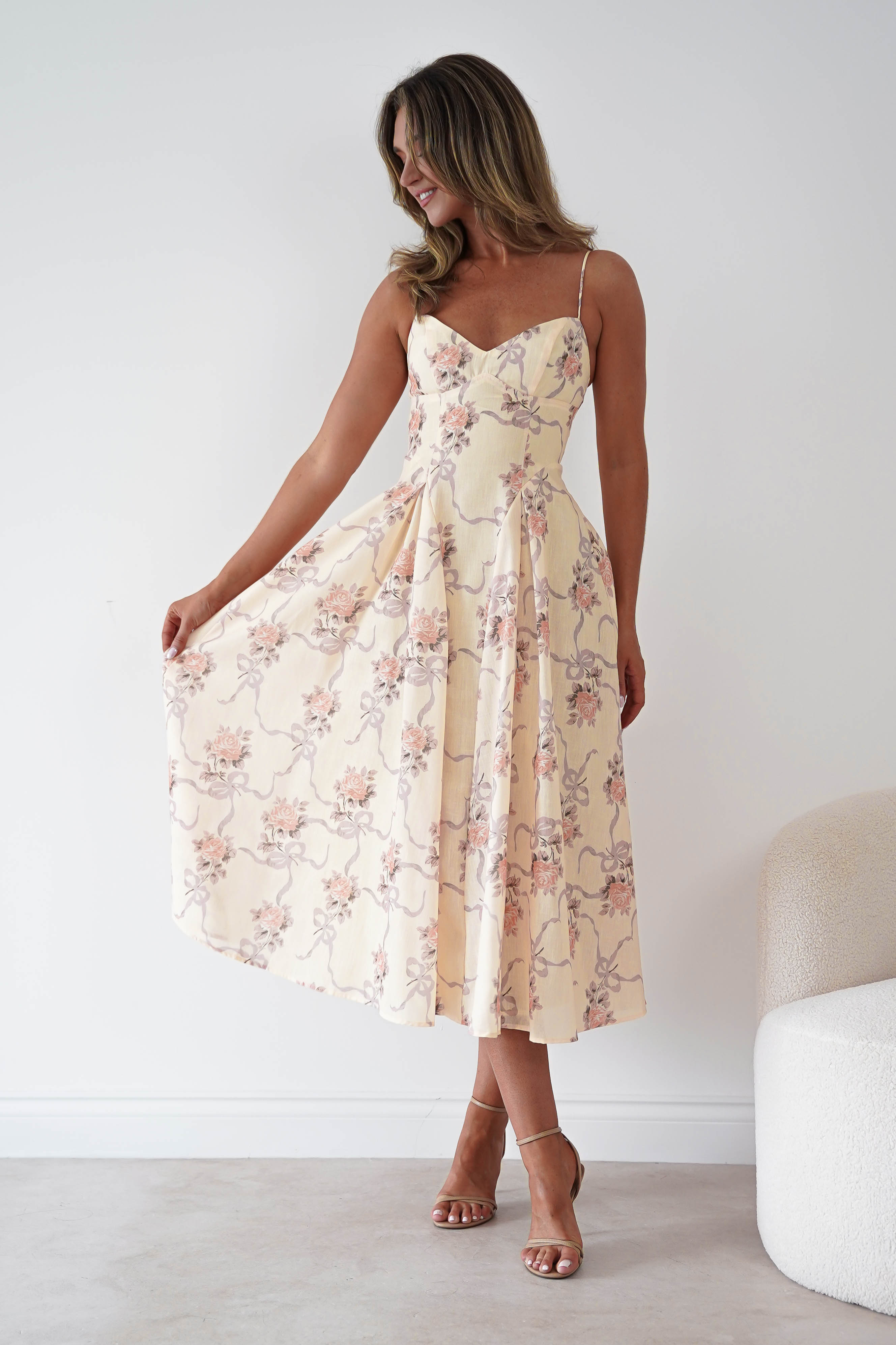 Oh Hello Clothing Women > Clothing > Dresses Tess Floral Print Skater Midaxi Dress | Yellow