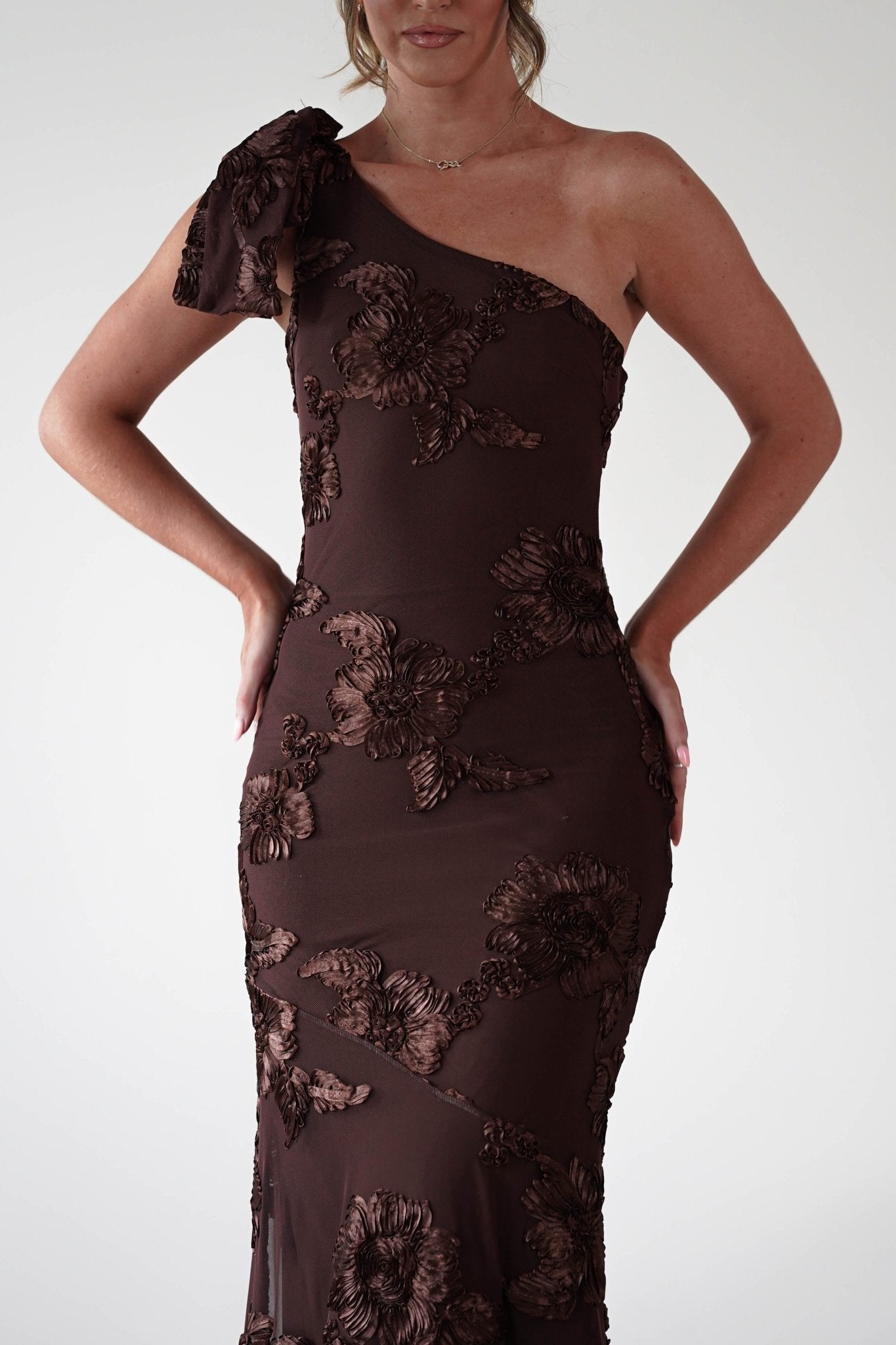 Thelma Floral Textured Maxi Dress Brown | Wedding Guest Dress | Maxi | Oh Hello Clothing