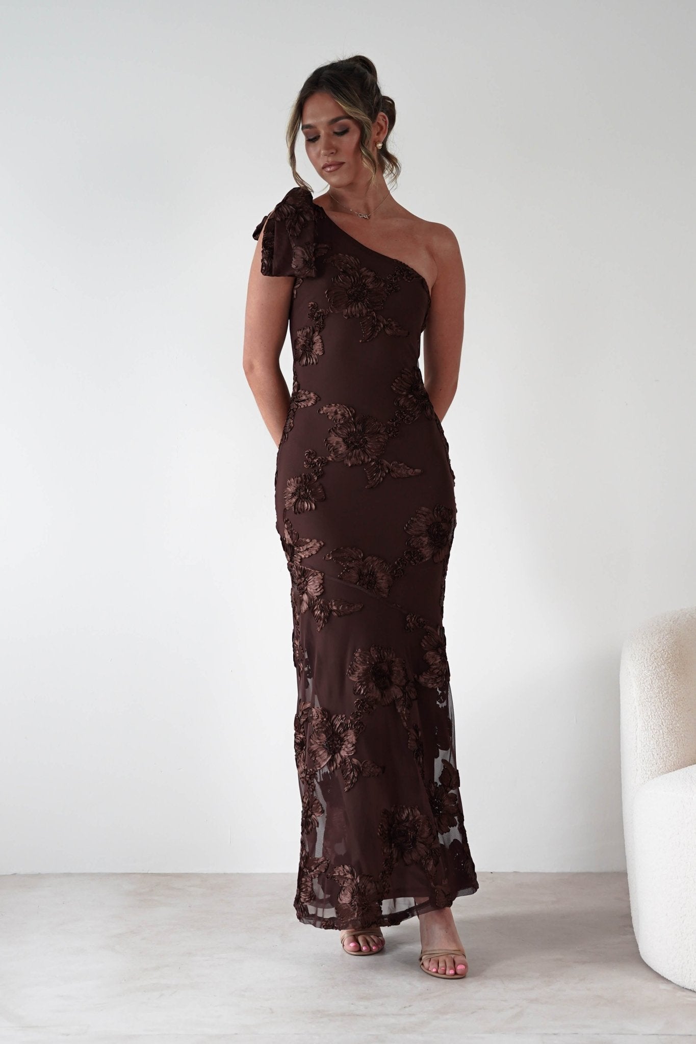 Thelma Floral Textured Maxi Dress Brown | Wedding Guest Dress | Maxi | Oh Hello Clothing