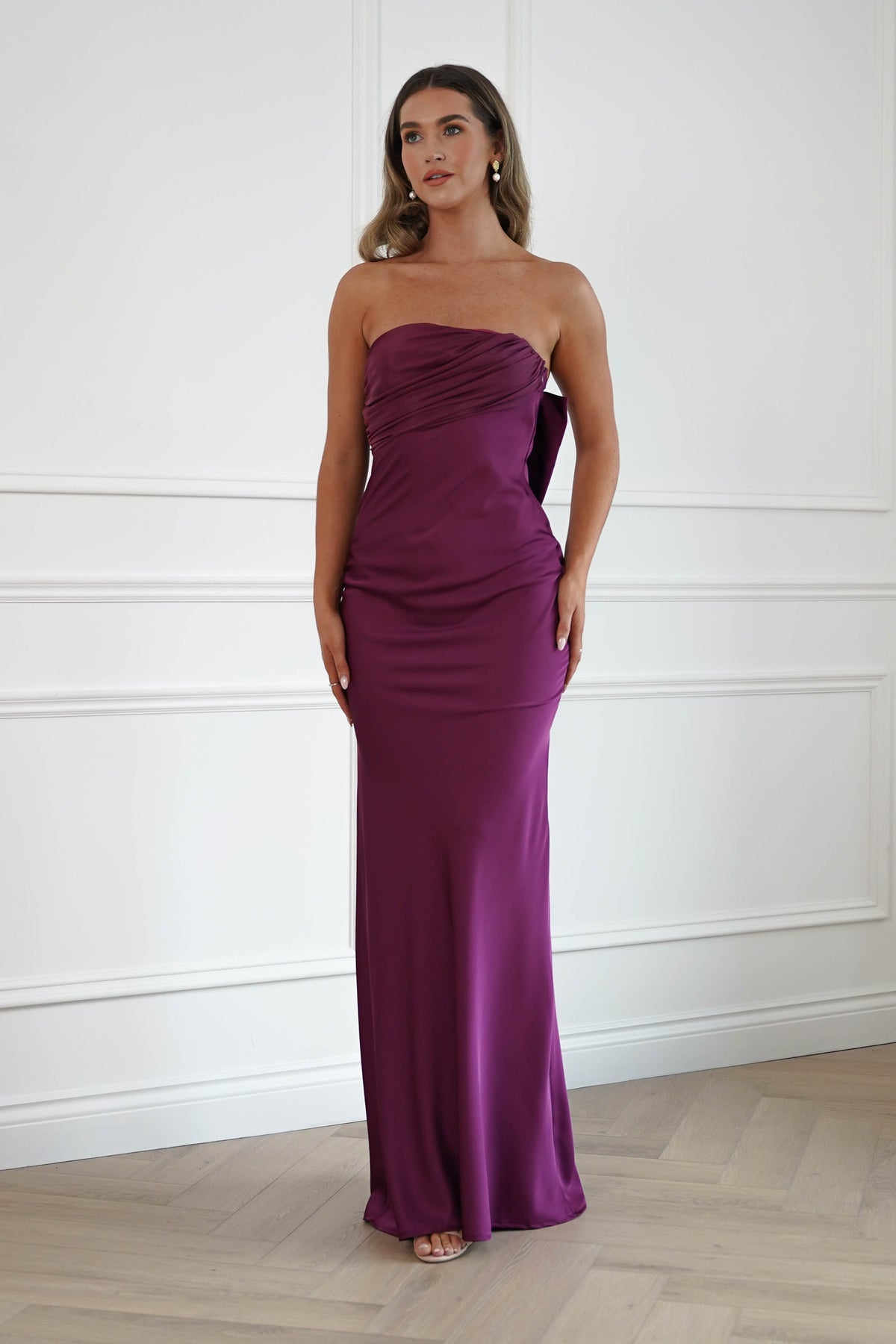 Oh Hello Clothing Dresses > Prom Dresses Therese Bow Detail Satin Maxi Dress | Plum