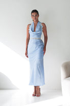 Oh Hello Clothing Women > Clothing > Dresses Tonya Halterneck Lace Detail Satin Maxi Dress | Blue