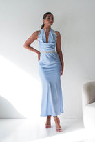 Oh Hello Clothing Women > Clothing > Dresses Tonya Halterneck Lace Detail Satin Maxi Dress | Blue