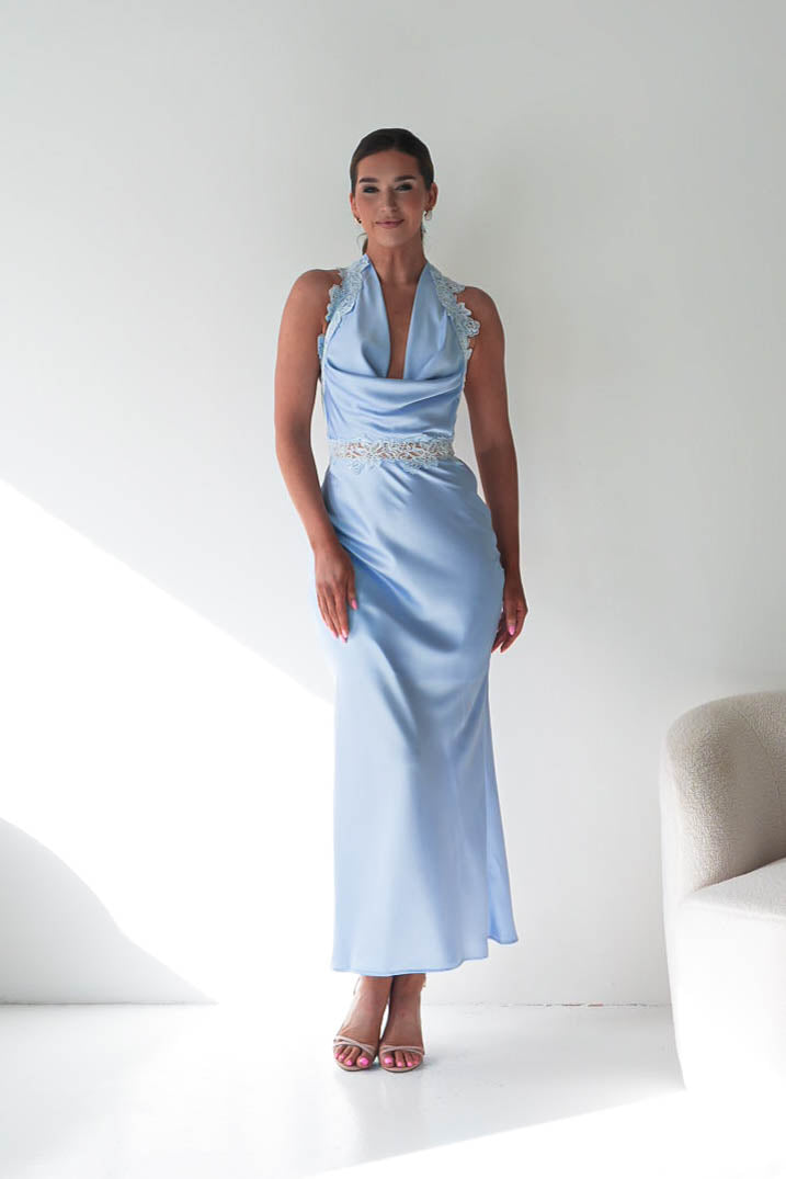 Oh Hello Clothing Women > Clothing > Dresses Tonya Halterneck Lace Detail Satin Maxi Dress | Blue