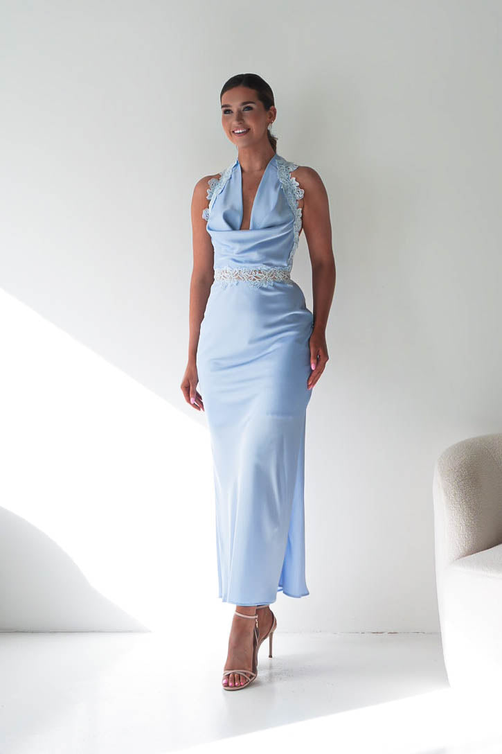 Oh Hello Clothing Women > Clothing > Dresses Tonya Halterneck Lace Detail Satin Maxi Dress | Blue