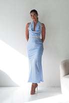 Oh Hello Clothing Women > Clothing > Dresses Tonya Halterneck Lace Detail Satin Maxi Dress | Blue