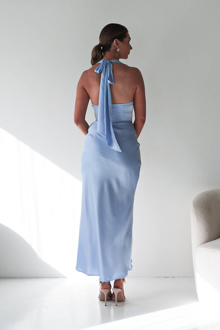 Oh Hello Clothing Women > Clothing > Dresses Tonya Halterneck Lace Detail Satin Maxi Dress | Blue