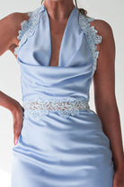 Oh Hello Clothing Women > Clothing > Dresses Tonya Halterneck Lace Detail Satin Maxi Dress | Blue