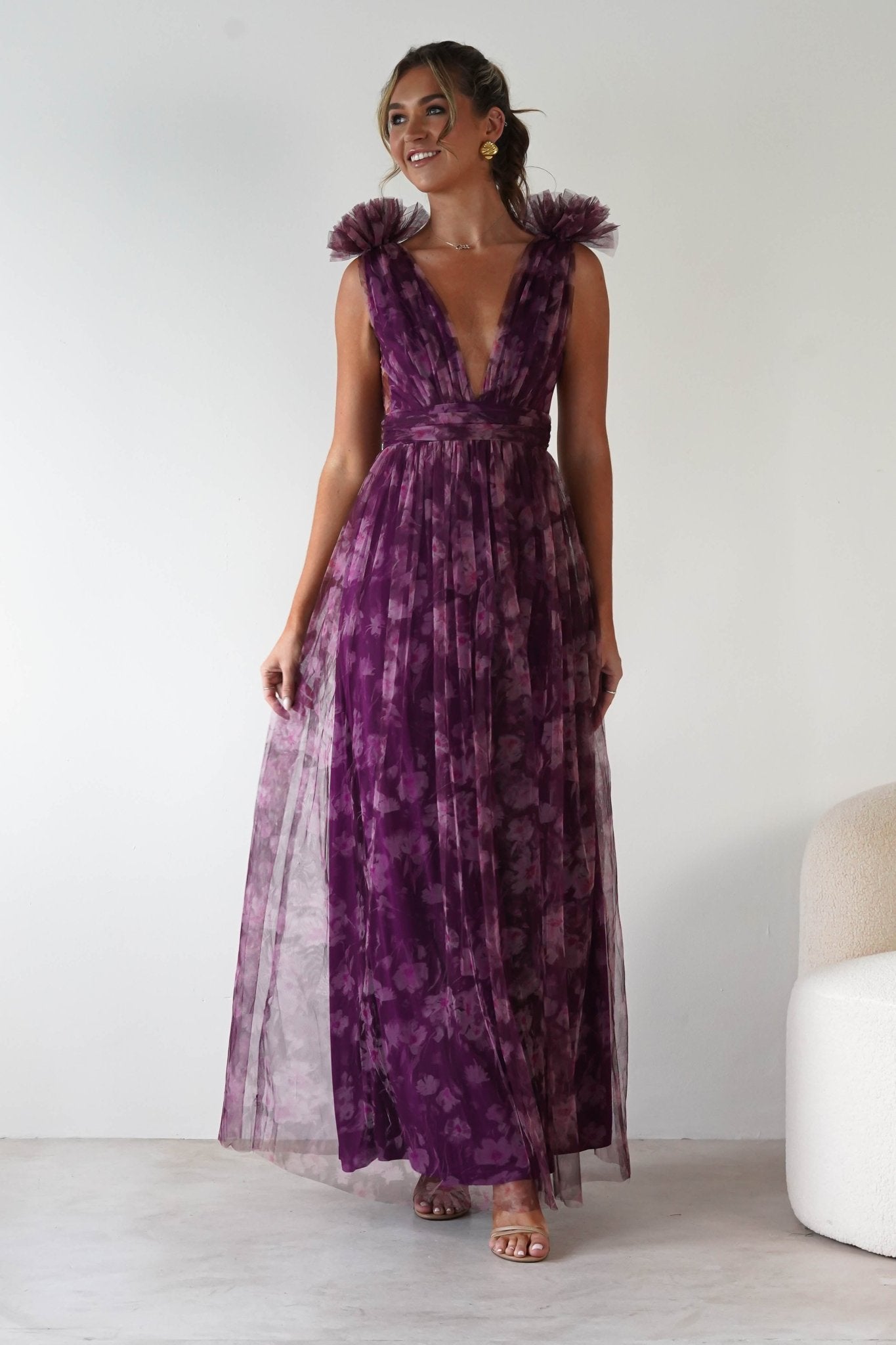 Valentina Tulle Floral Maxi Dress Plum | Wedding Guest Dress | Maxi | Oh Hello Clothing
