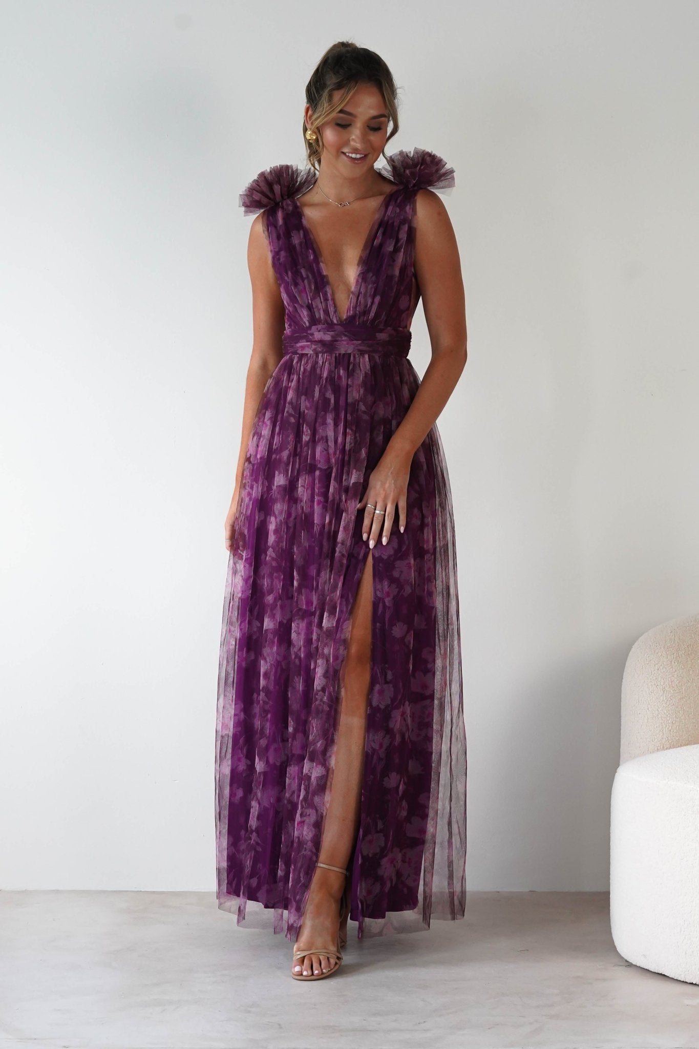 Valentina Tulle Floral Maxi Dress Plum | Wedding Guest Dress | Maxi | Oh Hello Clothing