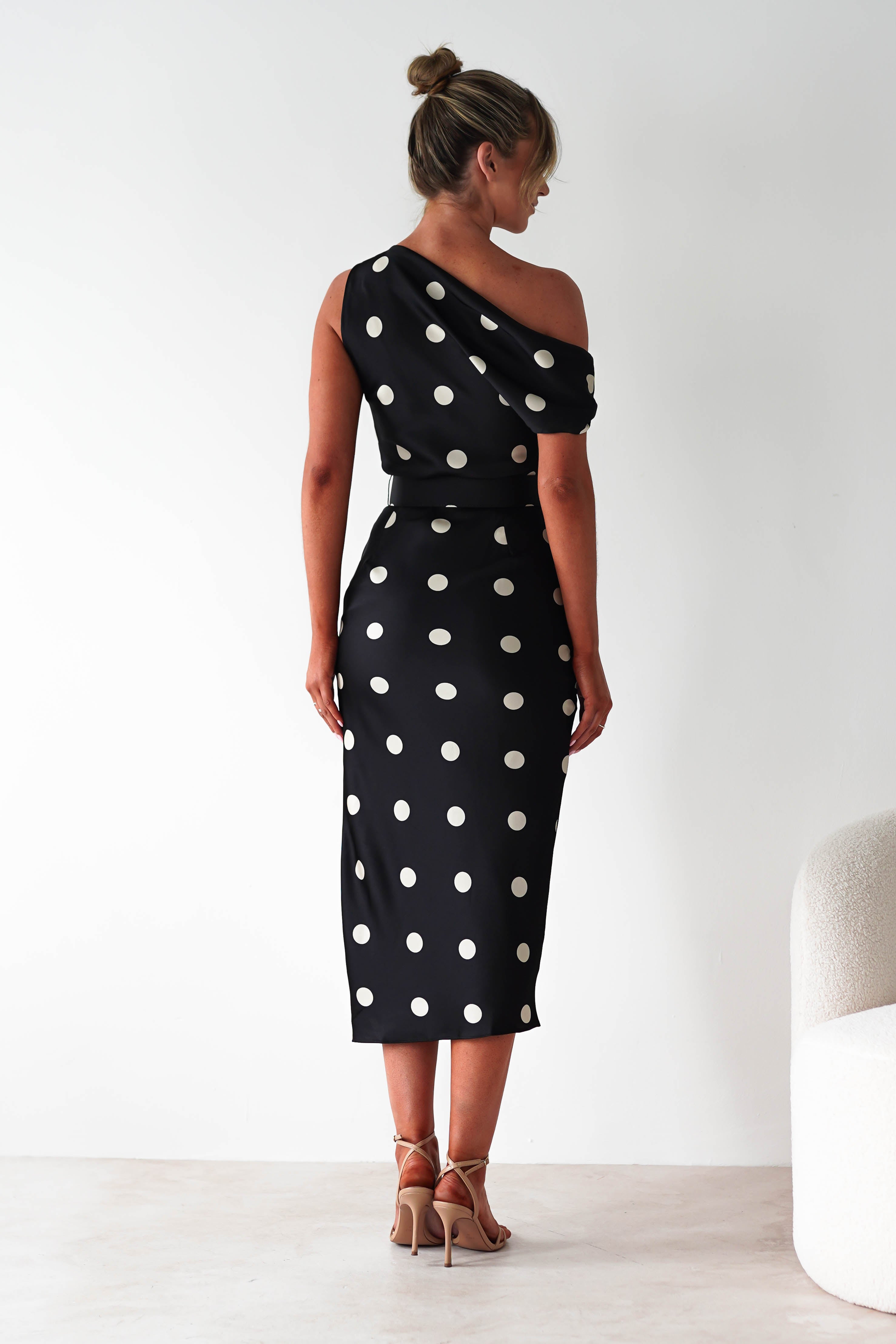 Valora Polka Dot Satin Midi Dress Black | Wedding Guest Dress | Midi | Satin | Oh Hello Clothing