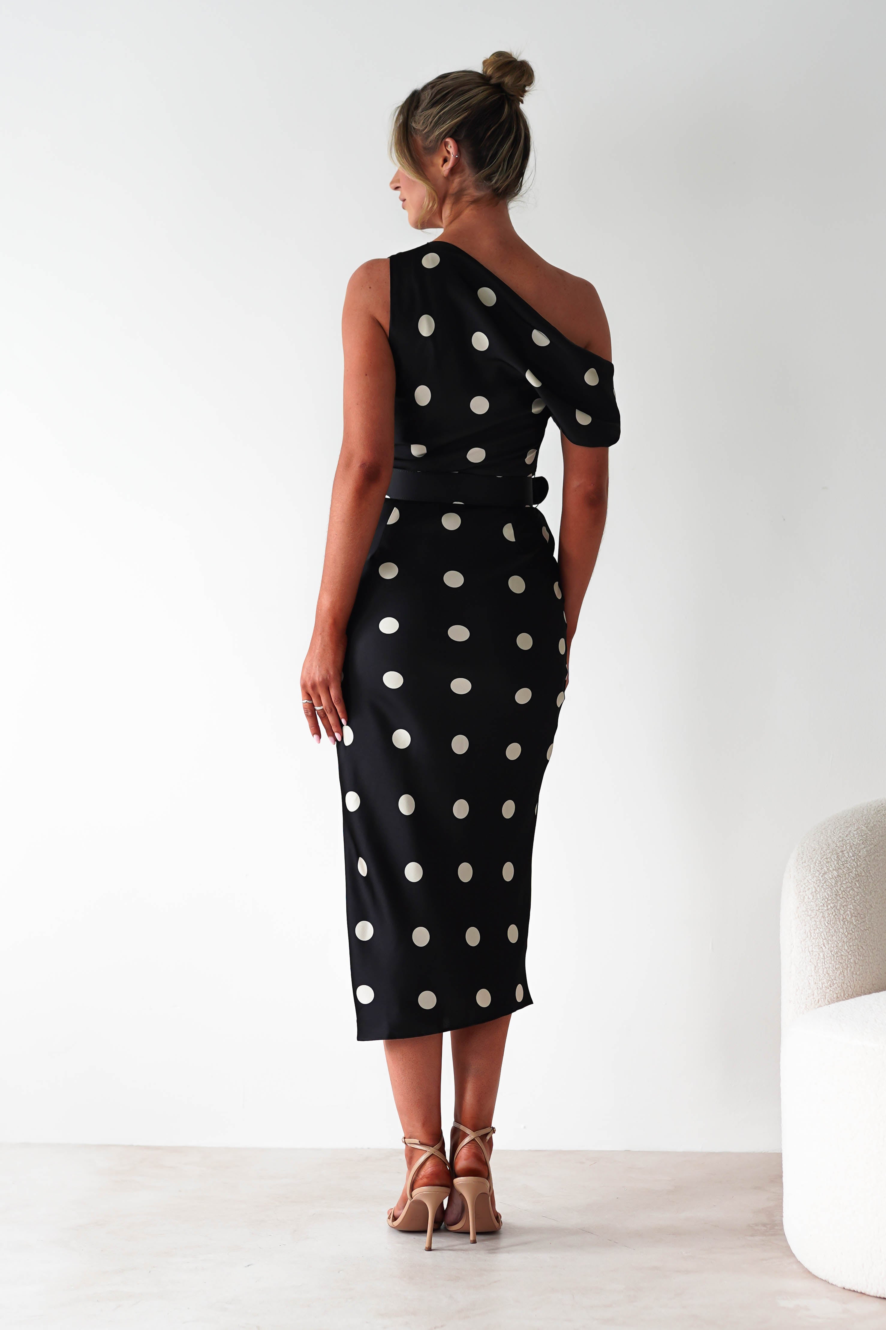 Valora Polka Dot Satin Midi Dress Black | Wedding Guest Dress | Midi | Satin | Oh Hello Clothing