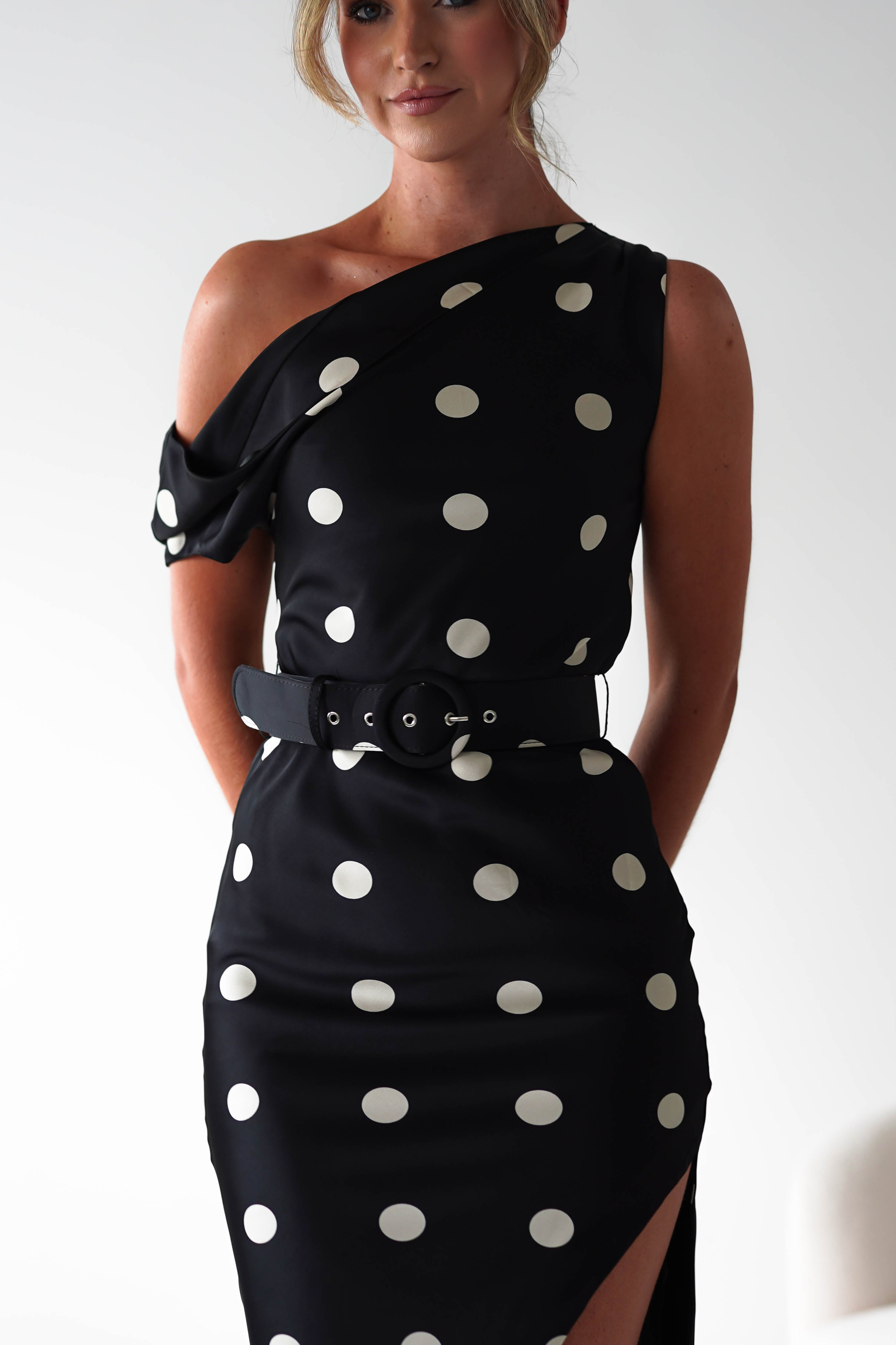 Valora Polka Dot Satin Midi Dress Black | Wedding Guest Dress | Midi | Satin | Oh Hello Clothing