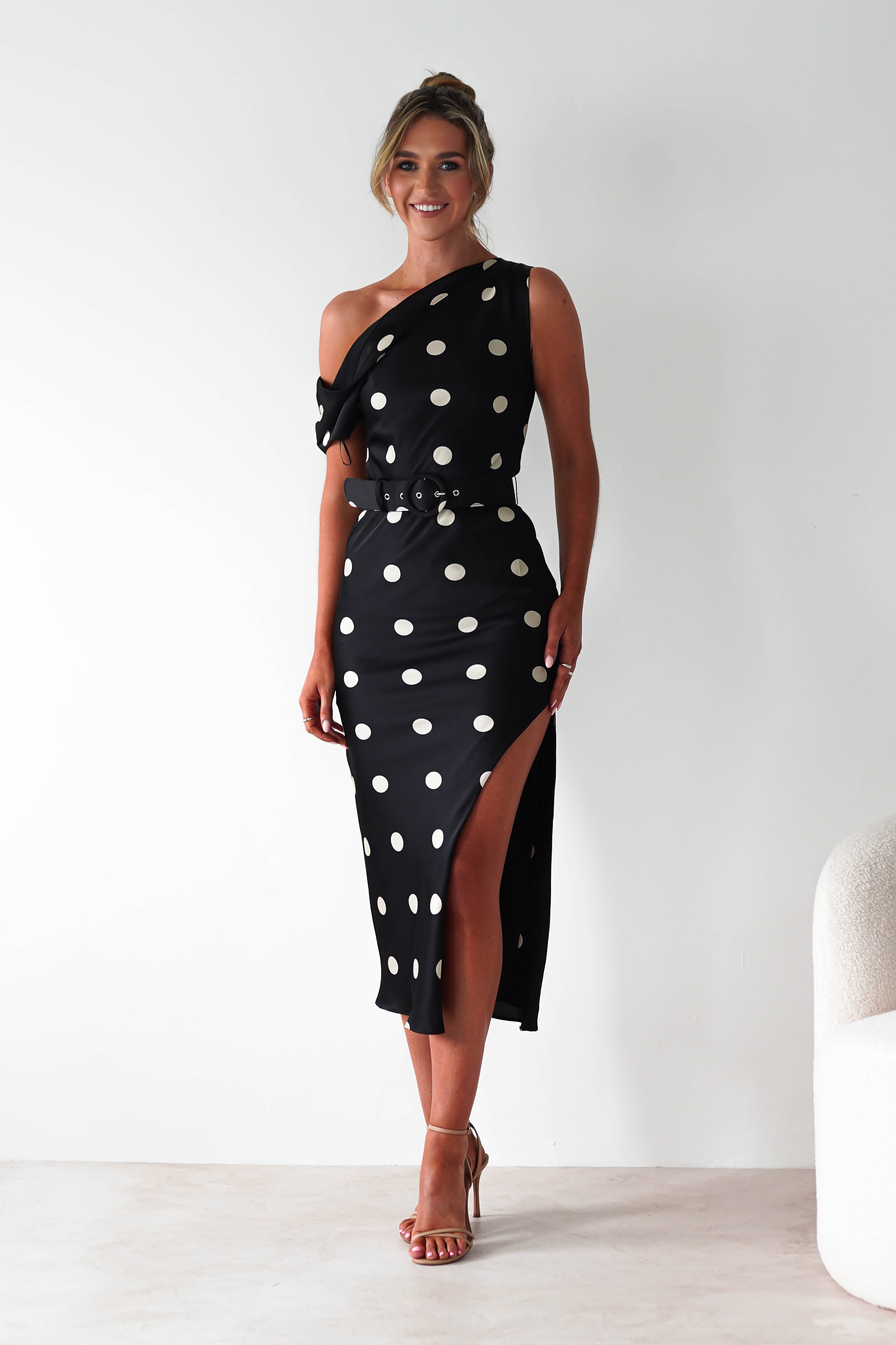 Valora Polka Dot Satin Midi Dress Black | Wedding Guest Dress | Midi | Satin | Oh Hello Clothing