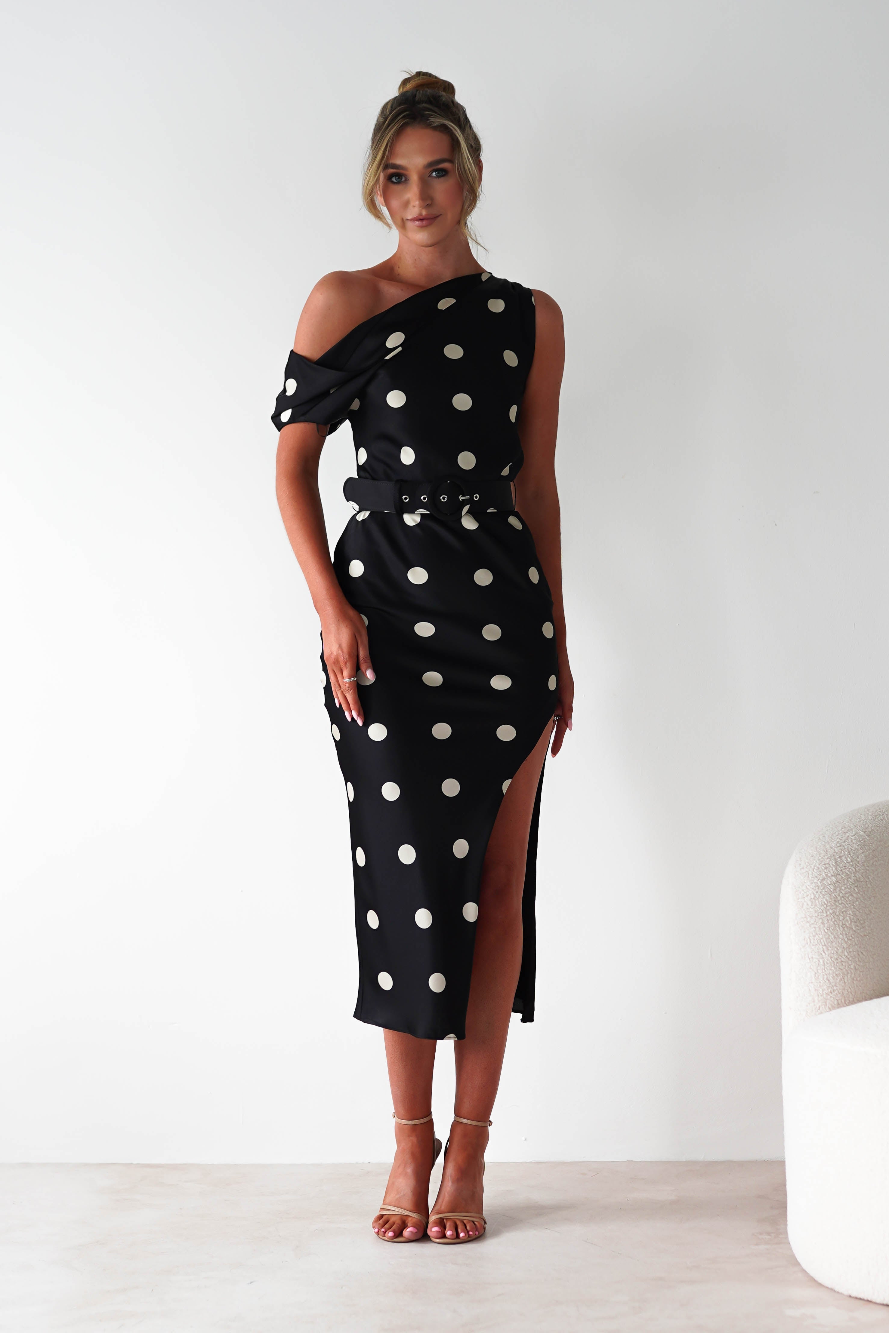 Valora Polka Dot Satin Midi Dress Black | Wedding Guest Dress | Midi | Satin | Oh Hello Clothing