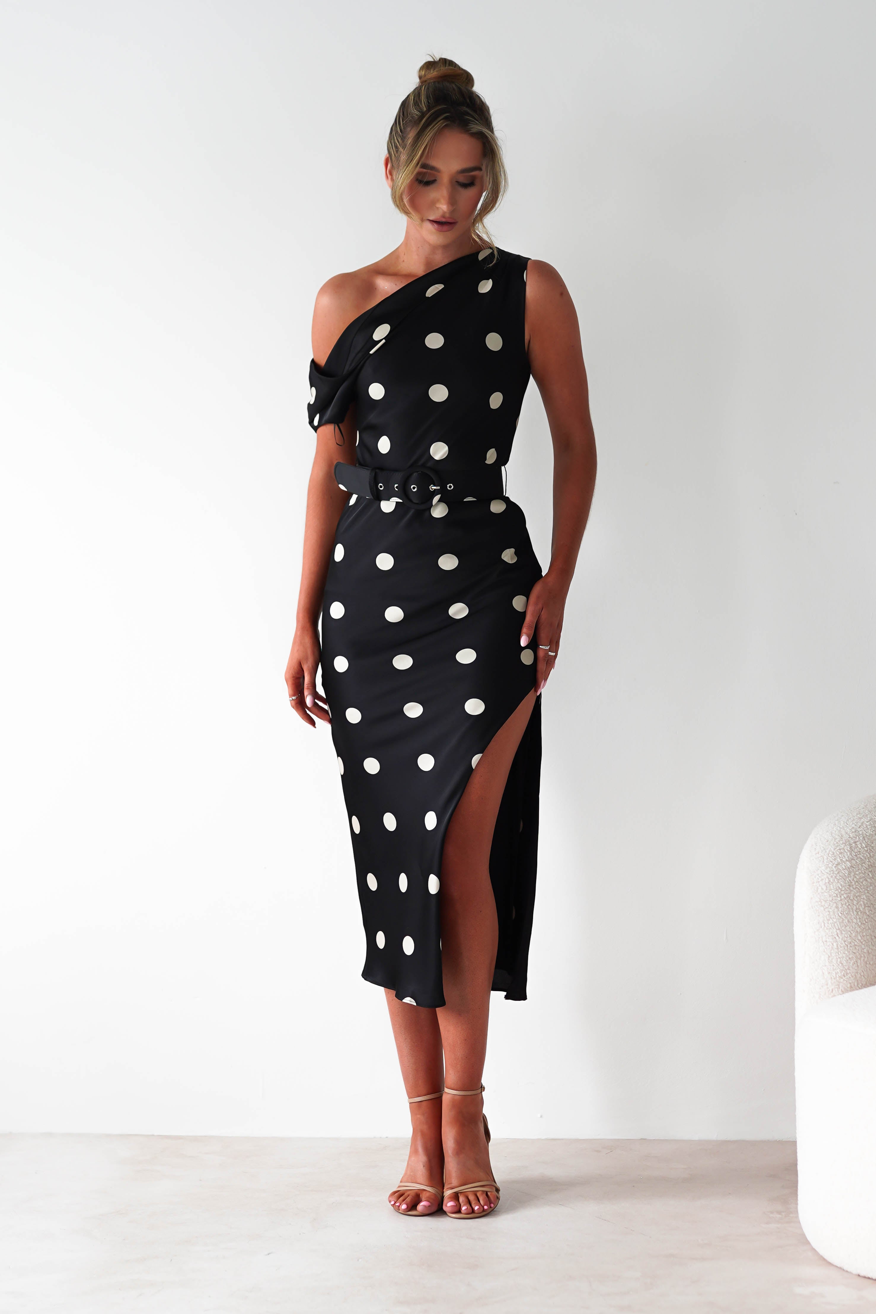 Valora Polka Dot Satin Midi Dress Black | Wedding Guest Dress | Midi | Satin | Oh Hello Clothing