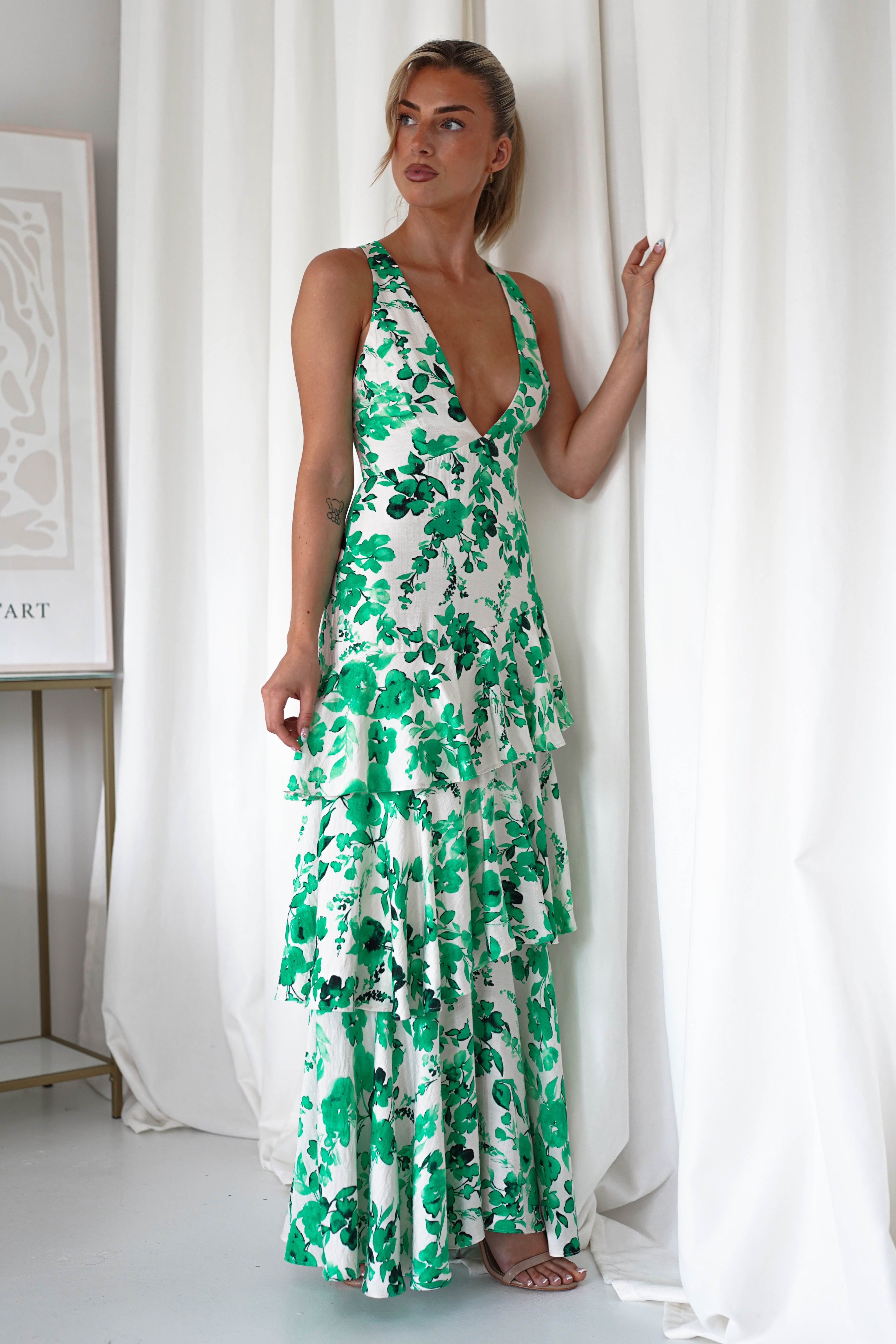 Varana Floral Ruffle Maxi Dress Green | Wedding Guest Dress | Maxi | Oh Hello Clothing