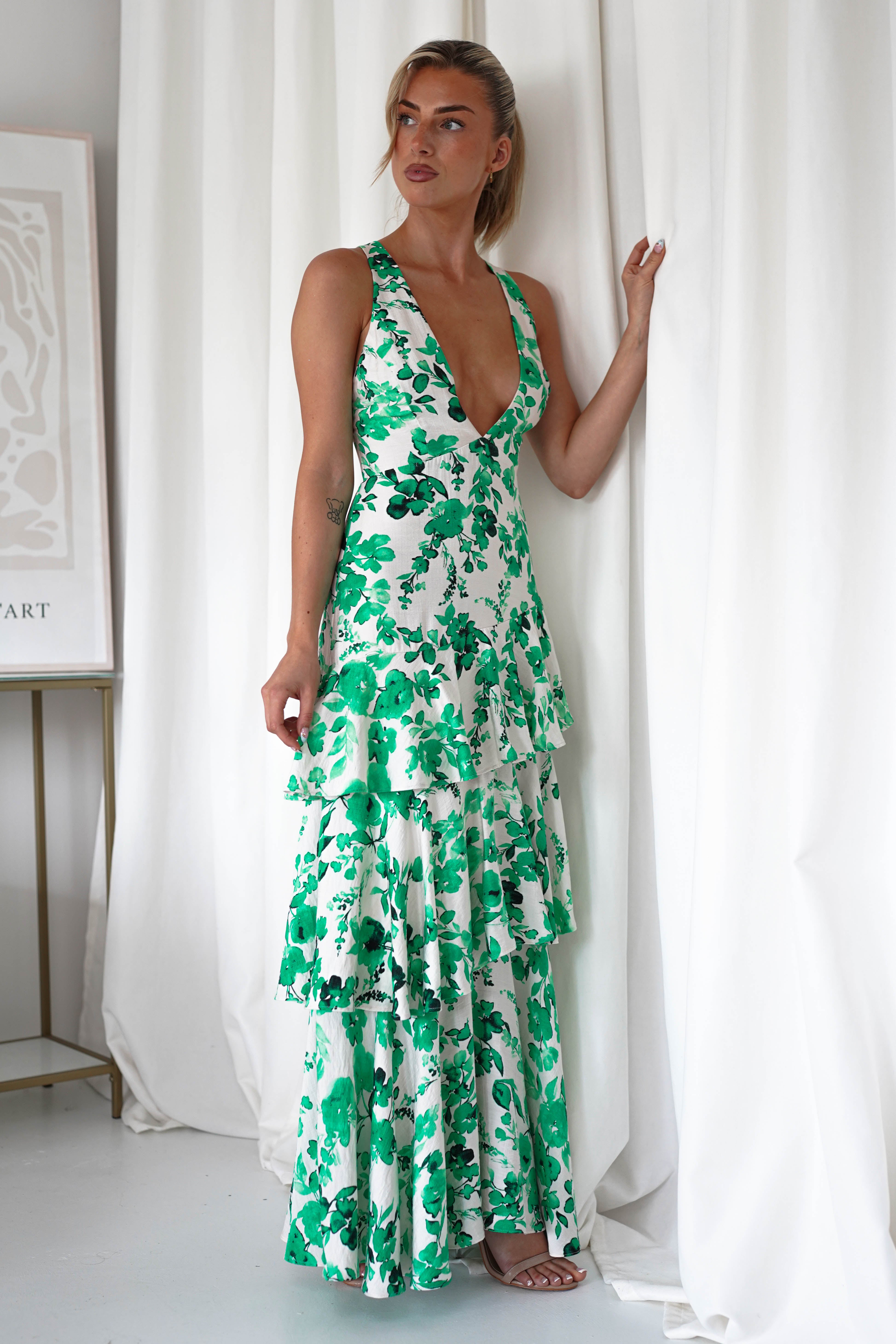 Varana Floral Ruffle Maxi Dress Green | Wedding Guest Dress | Maxi | Oh Hello Clothing