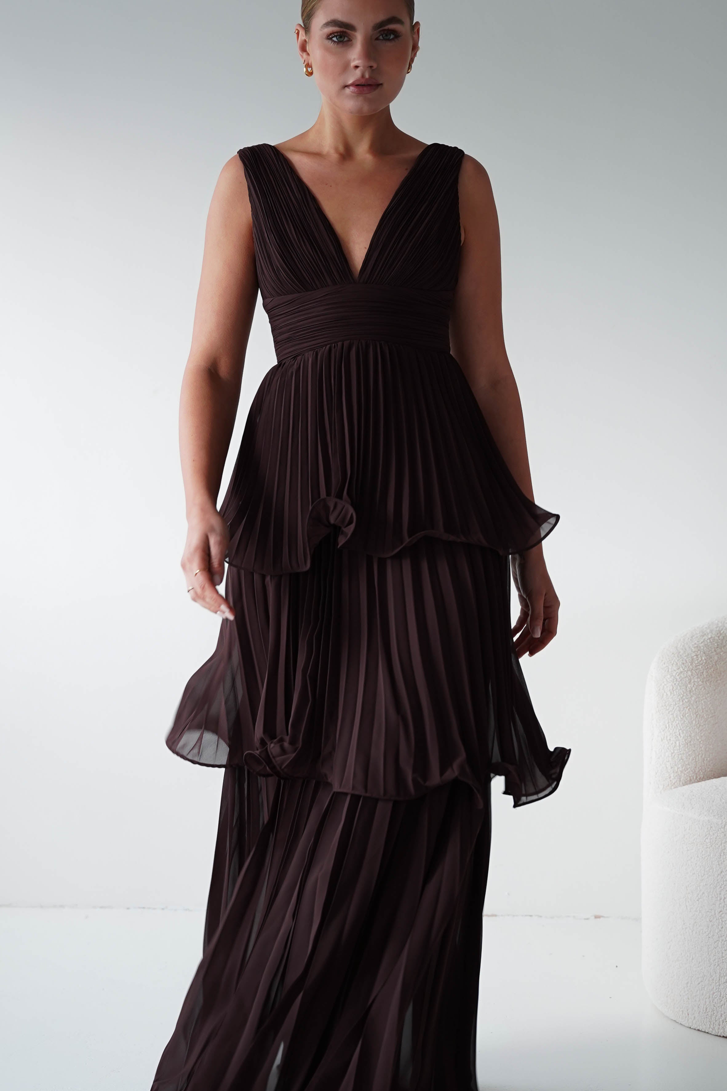 Oh Hello Clothing Women > Clothing > Dresses Vina Tiered Pleated Layered Maxi Dress | Chocolate