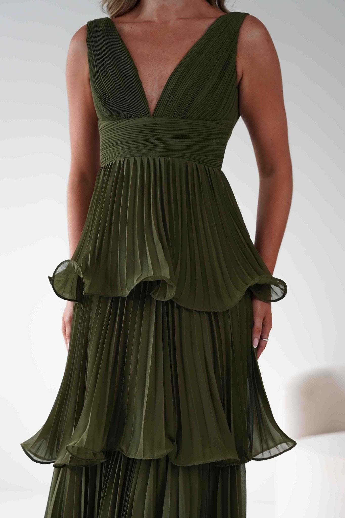 Vina Tiered Pleated Layered Maxi Dress Dark Olive | Wedding Guest Dress | Pleated Skirt | Maxi | Oh Hello Clothing