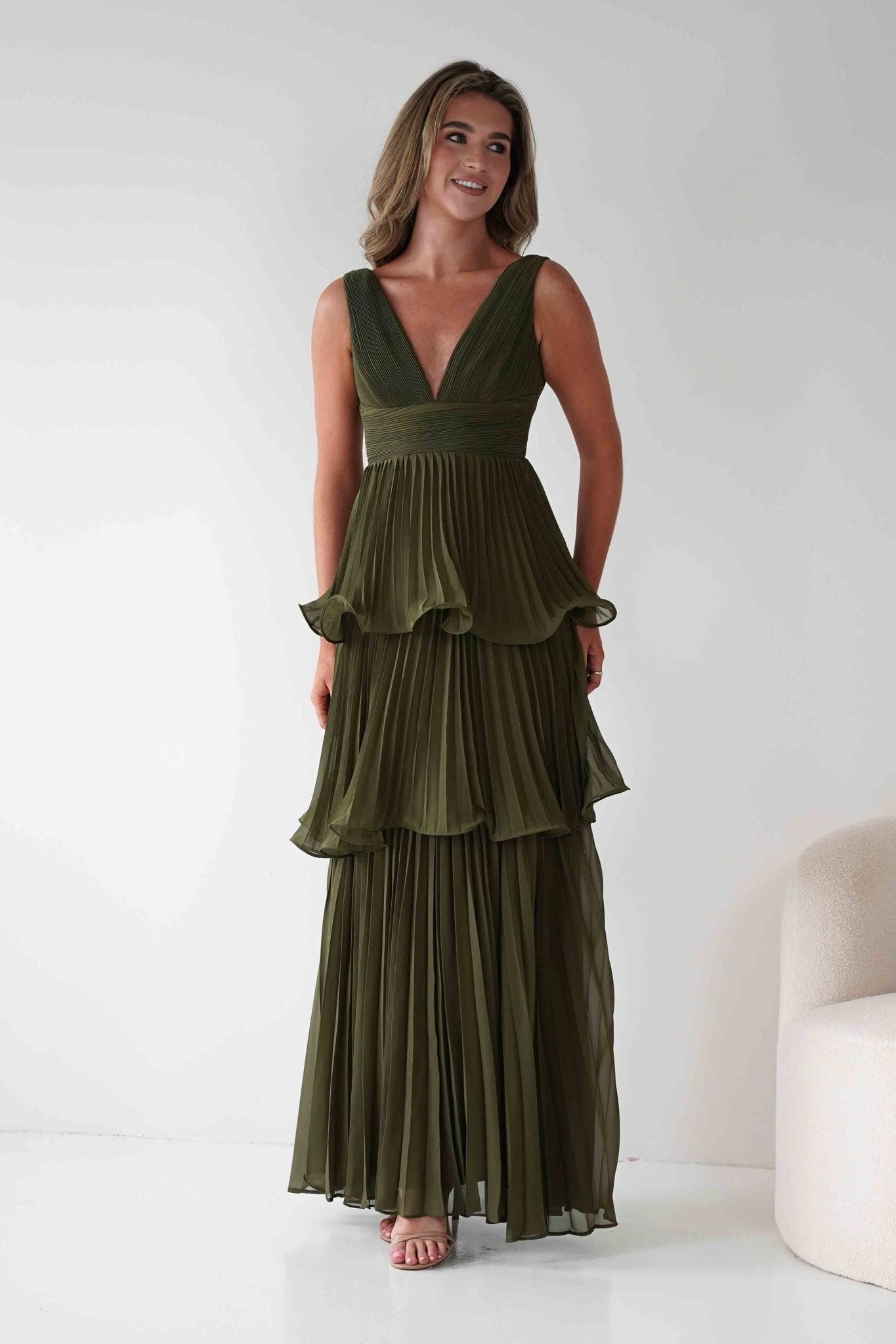 Vina Tiered Pleated Layered Maxi Dress Dark Olive | Wedding Guest Dress | Pleated Skirt | Maxi | Oh Hello Clothing