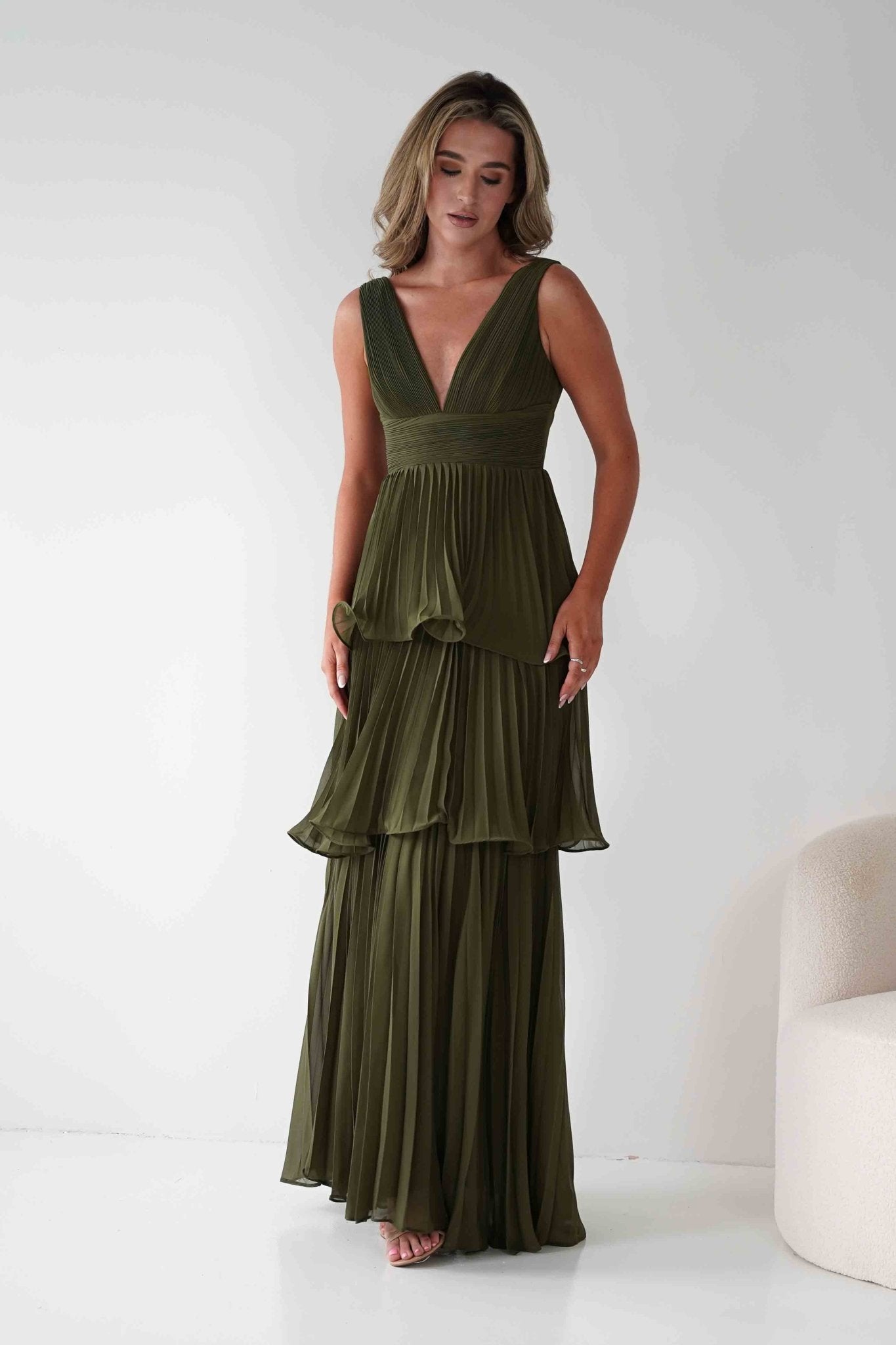 Vina Tiered Pleated Layered Maxi Dress Dark Olive | Wedding Guest Dress | Pleated Skirt | Maxi | Oh Hello Clothing