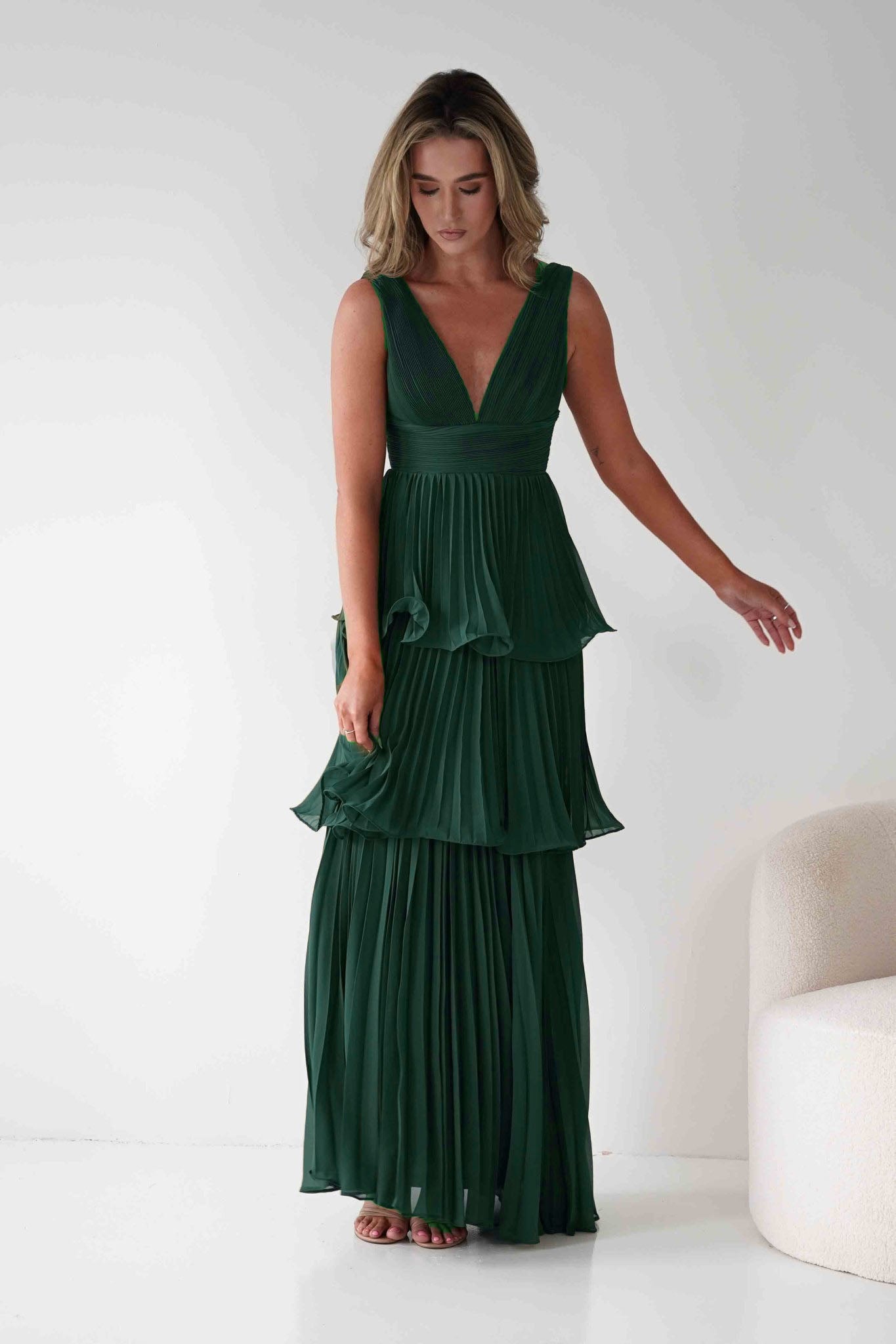 Oh Hello Clothing Dresses Vina Tiered Pleated Layered Maxi Dress | Forest Green