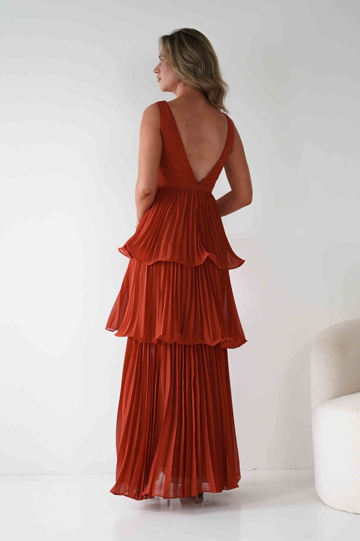 Vina Tiered Pleated Layered Maxi Dress Rust | Wedding Guest Dress | Pleated Skirt | Maxi | Oh Hello Clothing