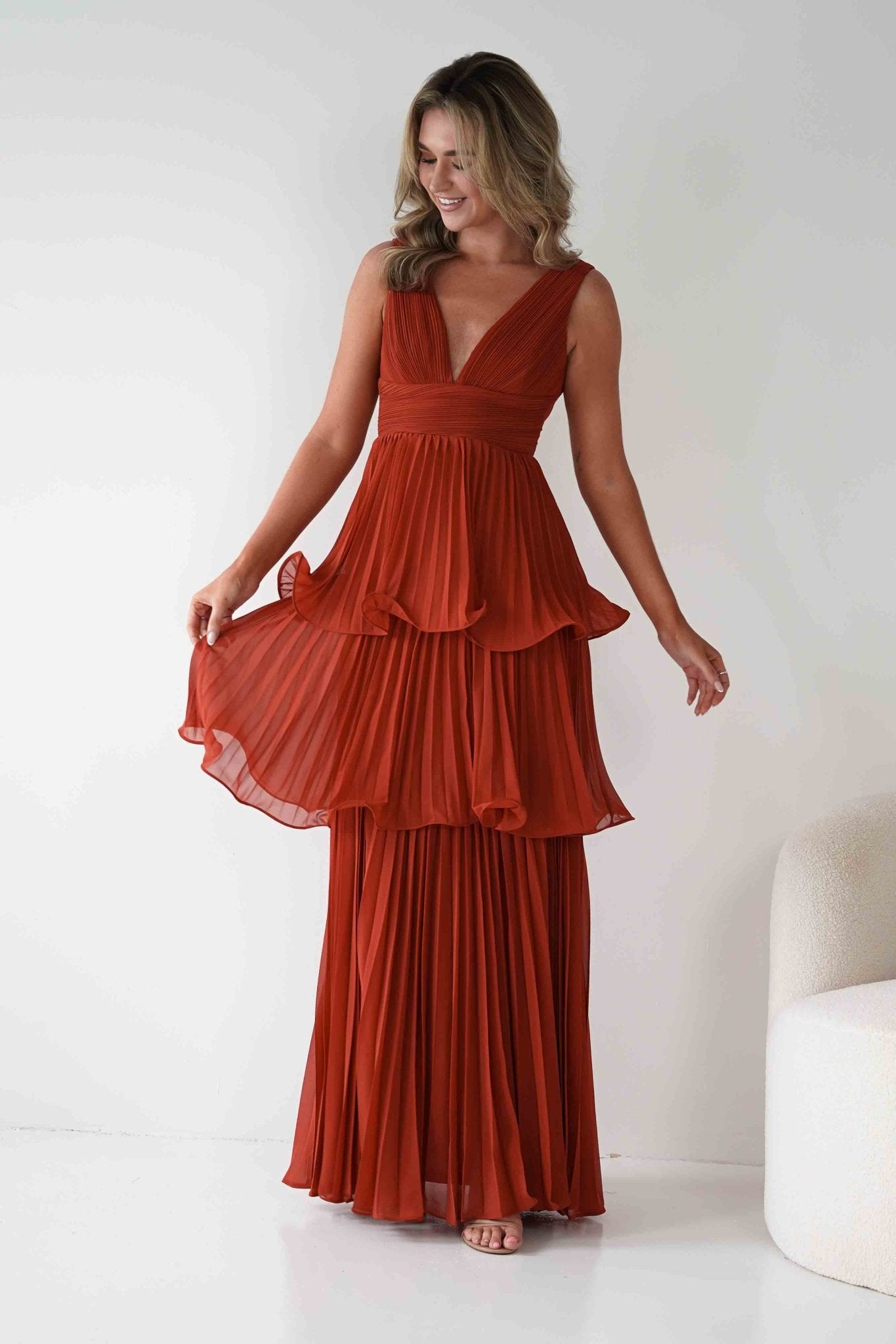 Vina Tiered Pleated Layered Maxi Dress Rust | Wedding Guest Dress | Pleated Skirt | Maxi | Oh Hello Clothing