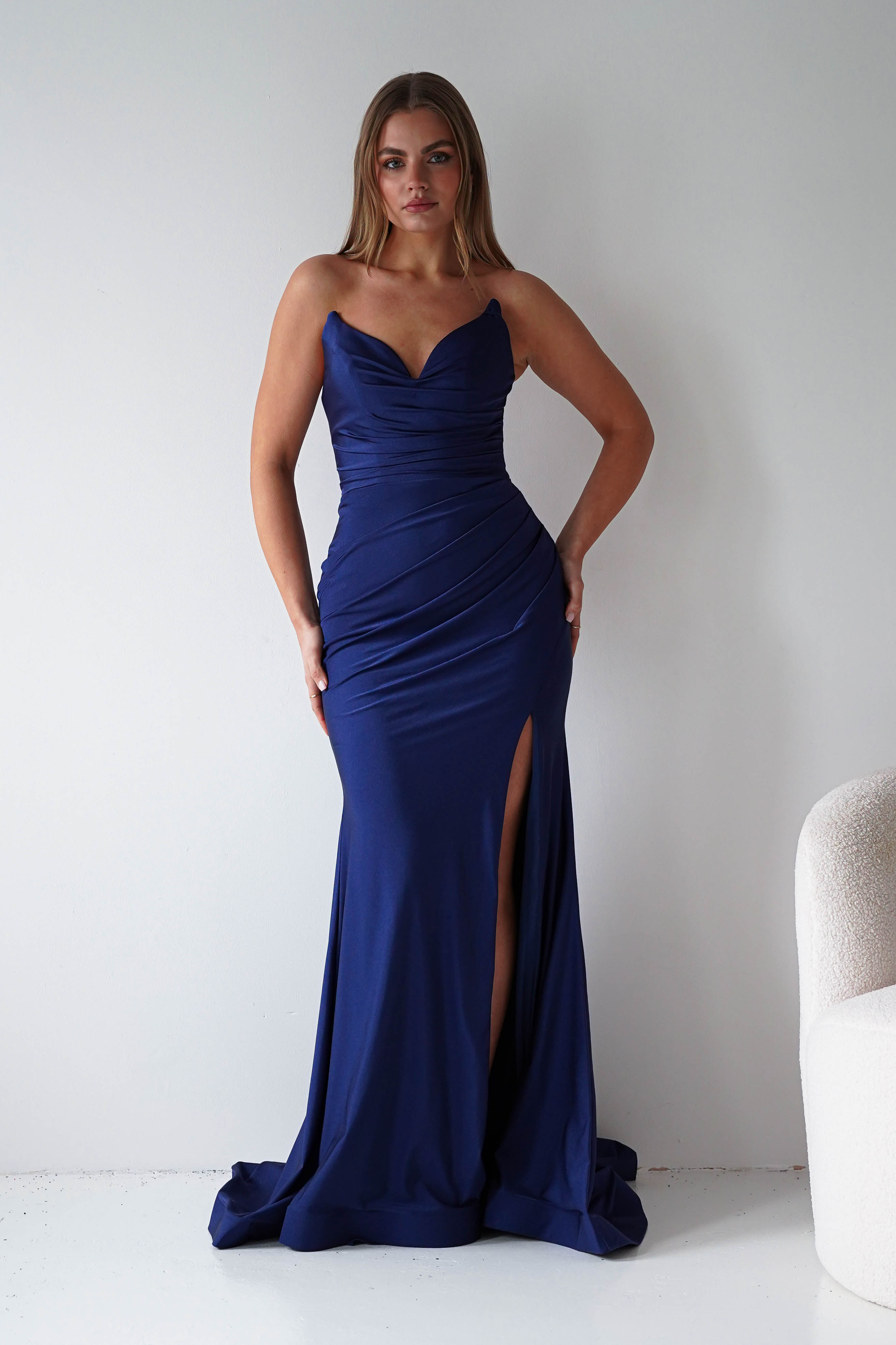Oh Hello Clothing Dresses > Prom Dresses Visenta Ruched Bodice Strapless Gown | Navy