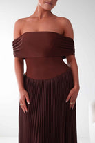 Oh Hello Clothing Dresses Whitney Pleated Off The Shoulder Maxi Dress | Brown