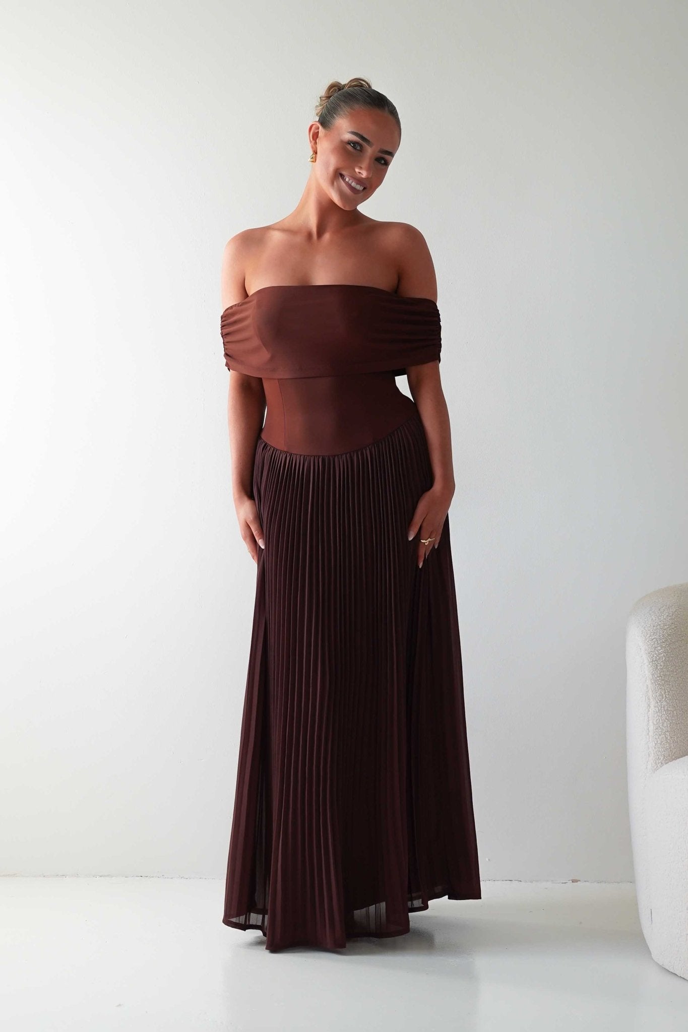 Oh Hello Clothing Dresses Whitney Pleated Off The Shoulder Maxi Dress | Brown