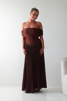 Oh Hello Clothing Dresses Whitney Pleated Off The Shoulder Maxi Dress | Brown