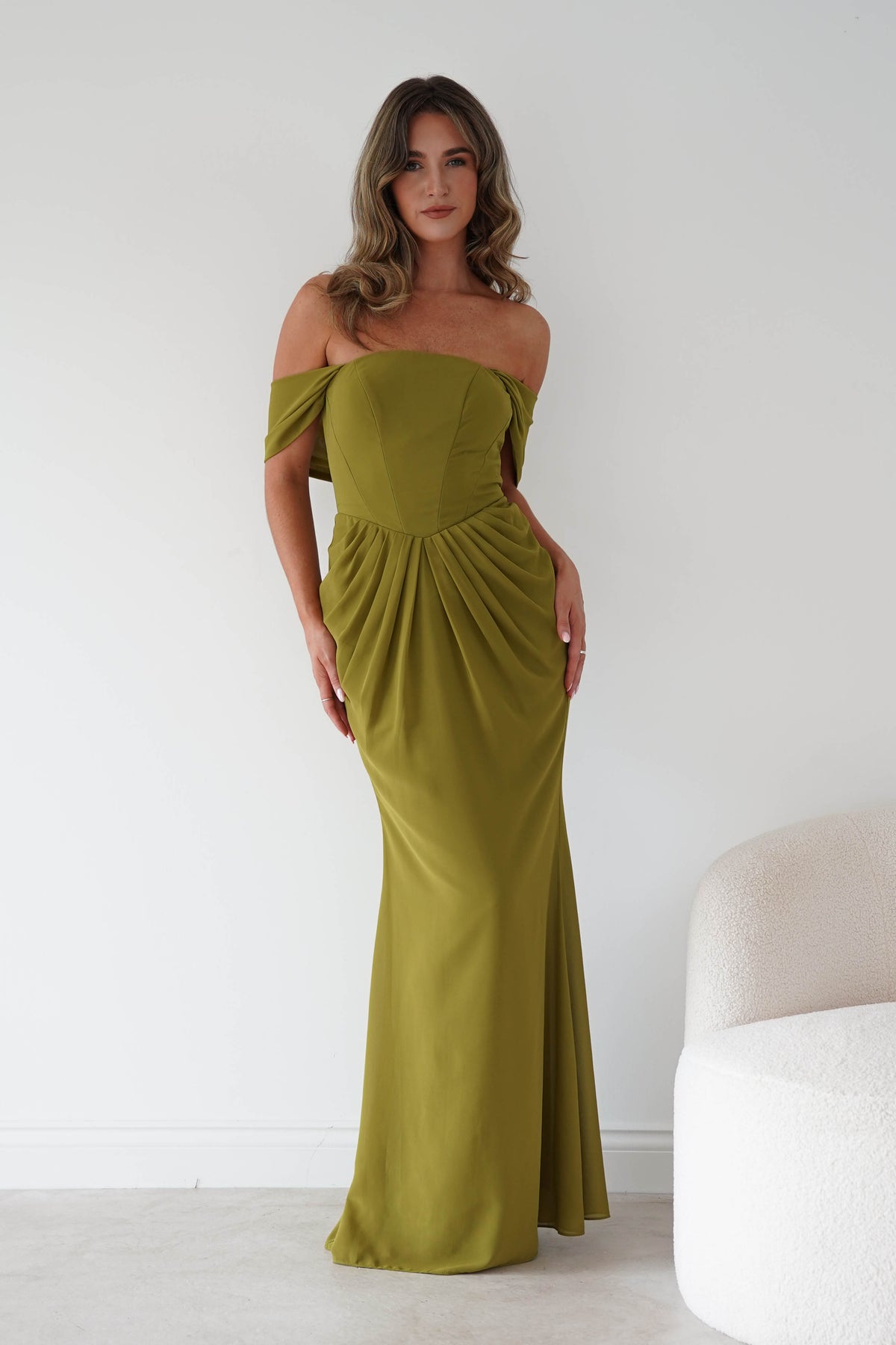 Oh Hello Clothing Women > Clothing > Dresses Willow Bardot Draped Maxi Dress | Chartreuse Green