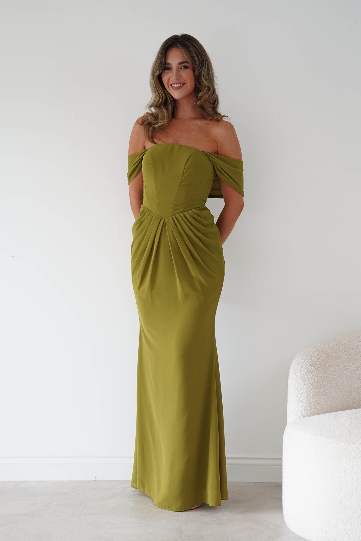 Oh Hello Clothing Women > Clothing > Dresses Willow Bardot Draped Maxi Dress | Chartreuse Green